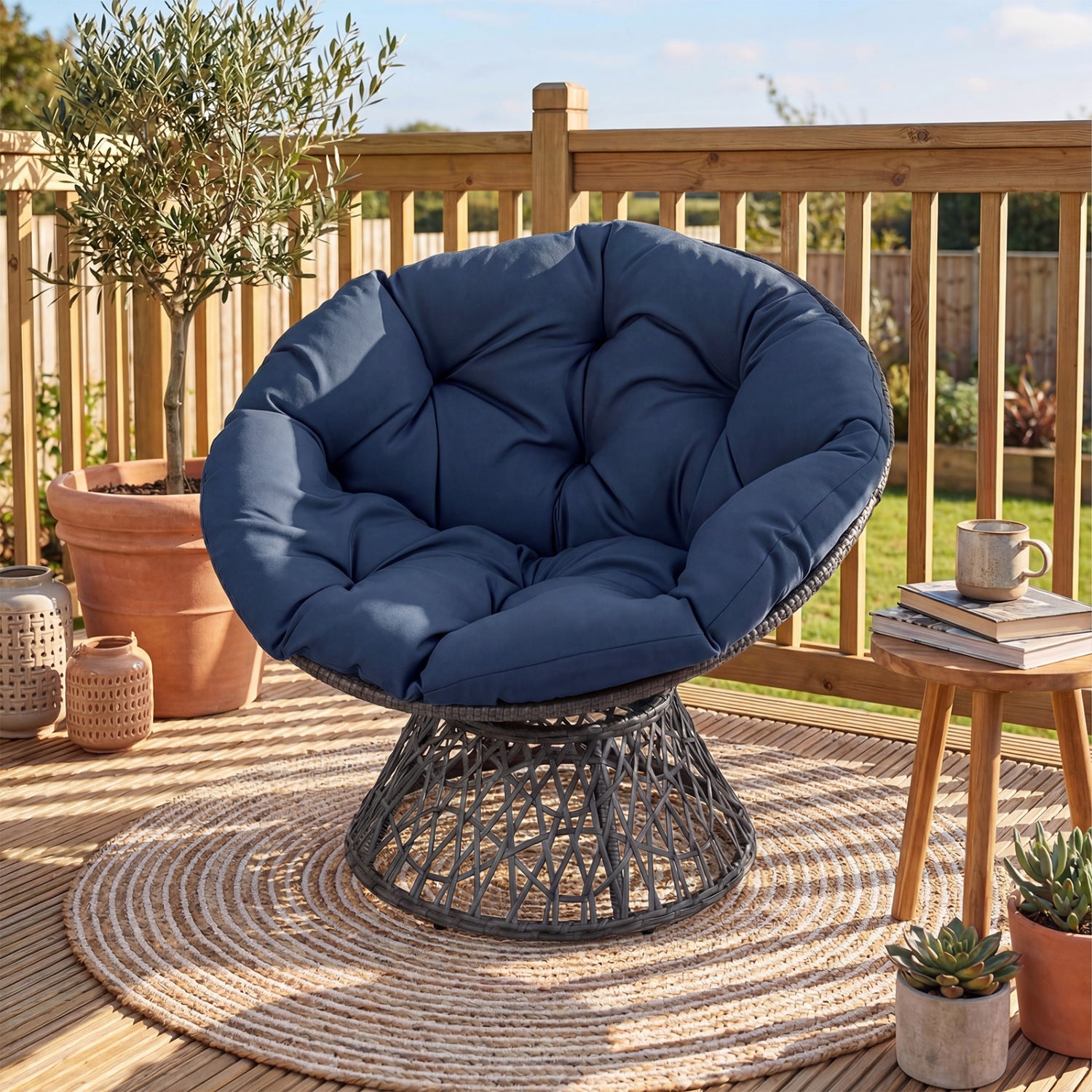 Swivel Papasan Chair, Round Wicker Lounge Chair, Thick Cushion, Navy Accent Chairs at Gallery Canada