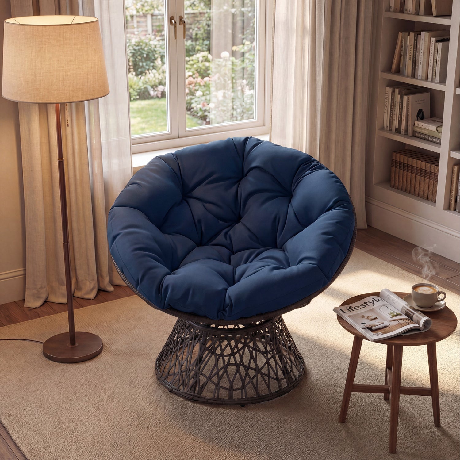 Swivel Papasan Chair, Round Wicker Lounge Chair, Thick Cushion, Navy Accent Chairs at Gallery Canada