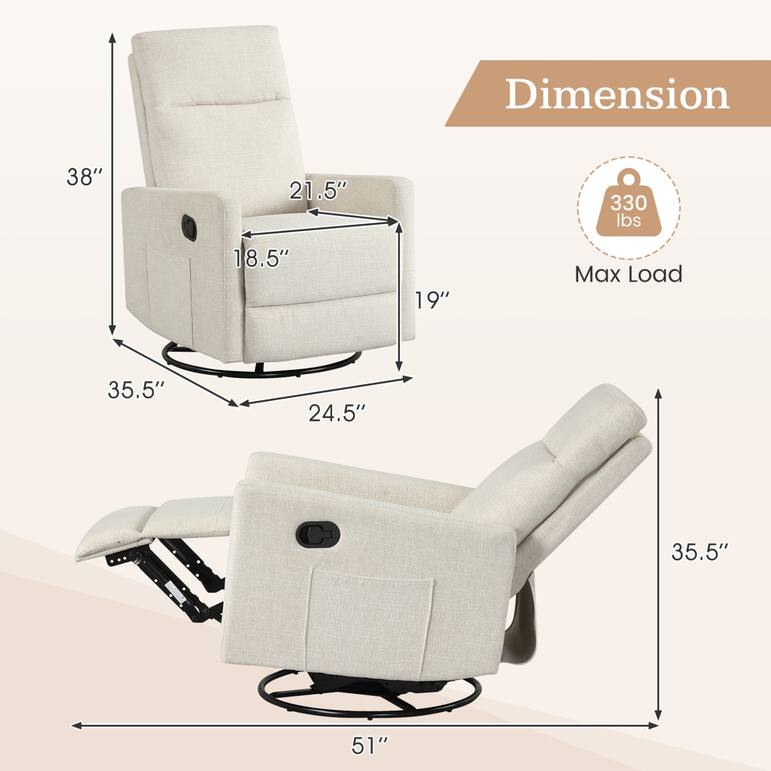 Swivel Rocking Chair 360° Recliner with Cushioned Back, Beige Floor Chairs at Gallery Canada