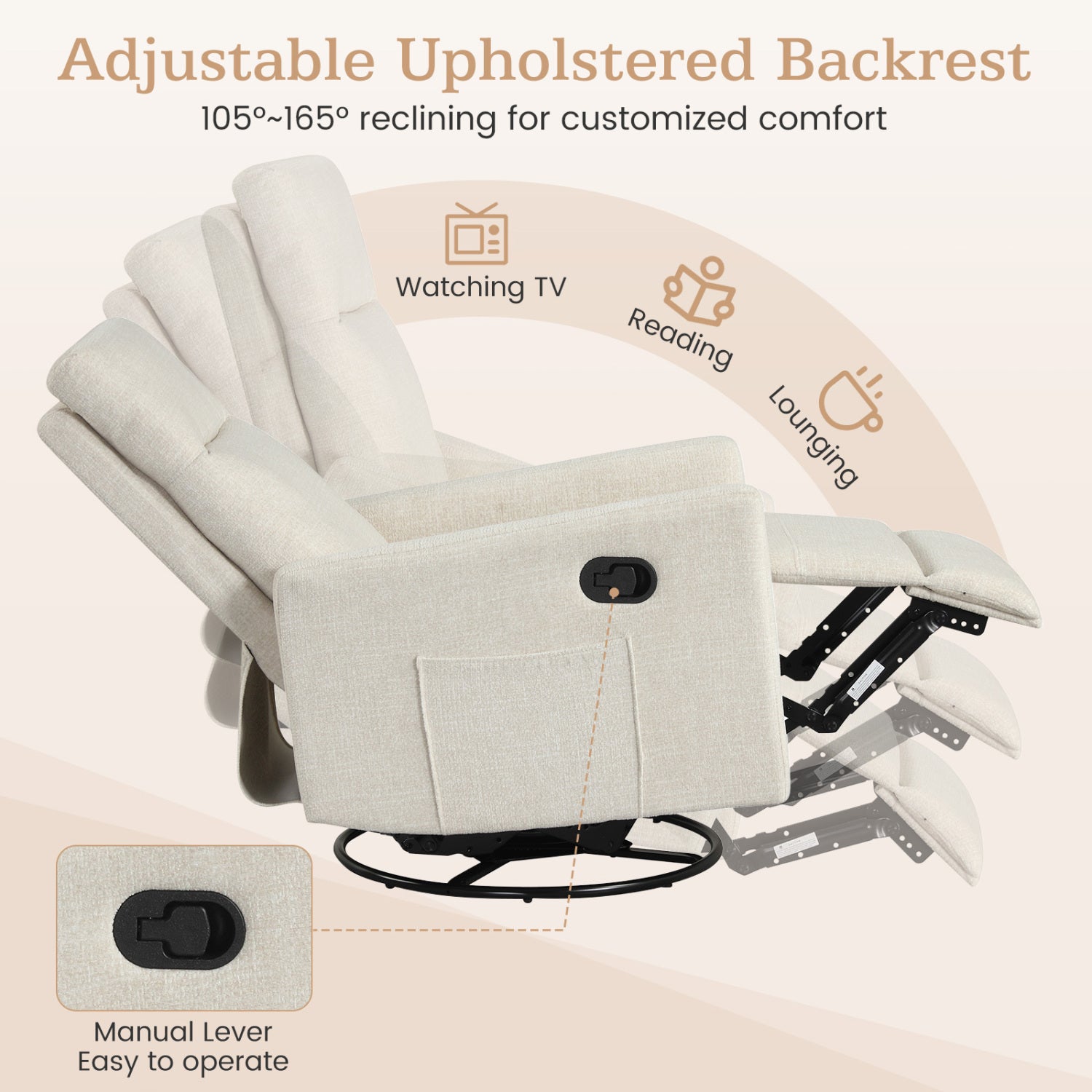 Swivel Rocking Chair 360° Recliner with Cushioned Back, Beige Floor Chairs at Gallery Canada