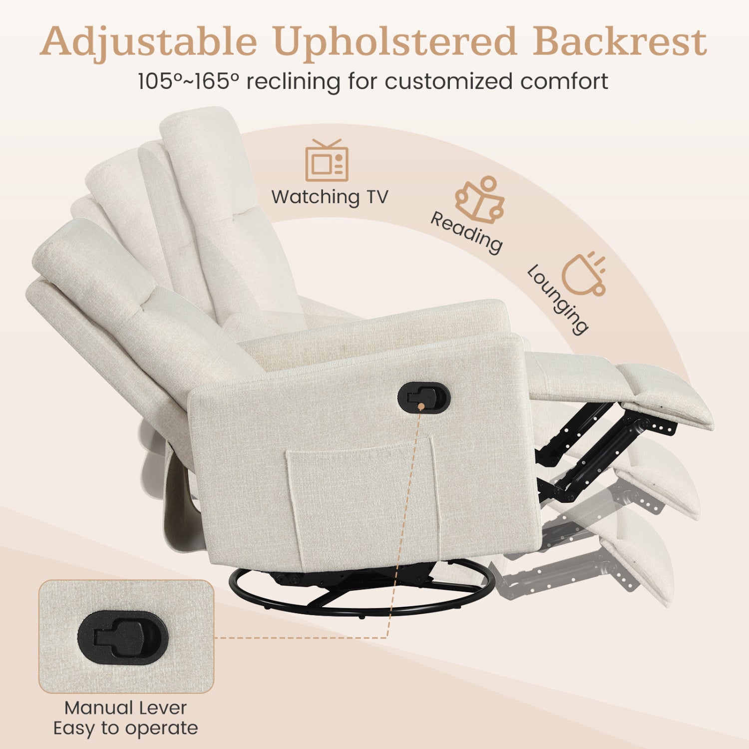 Swivel Rocking Chair 360° Recliner with Cushioned Back, Beige Floor Chairs at Gallery Canada