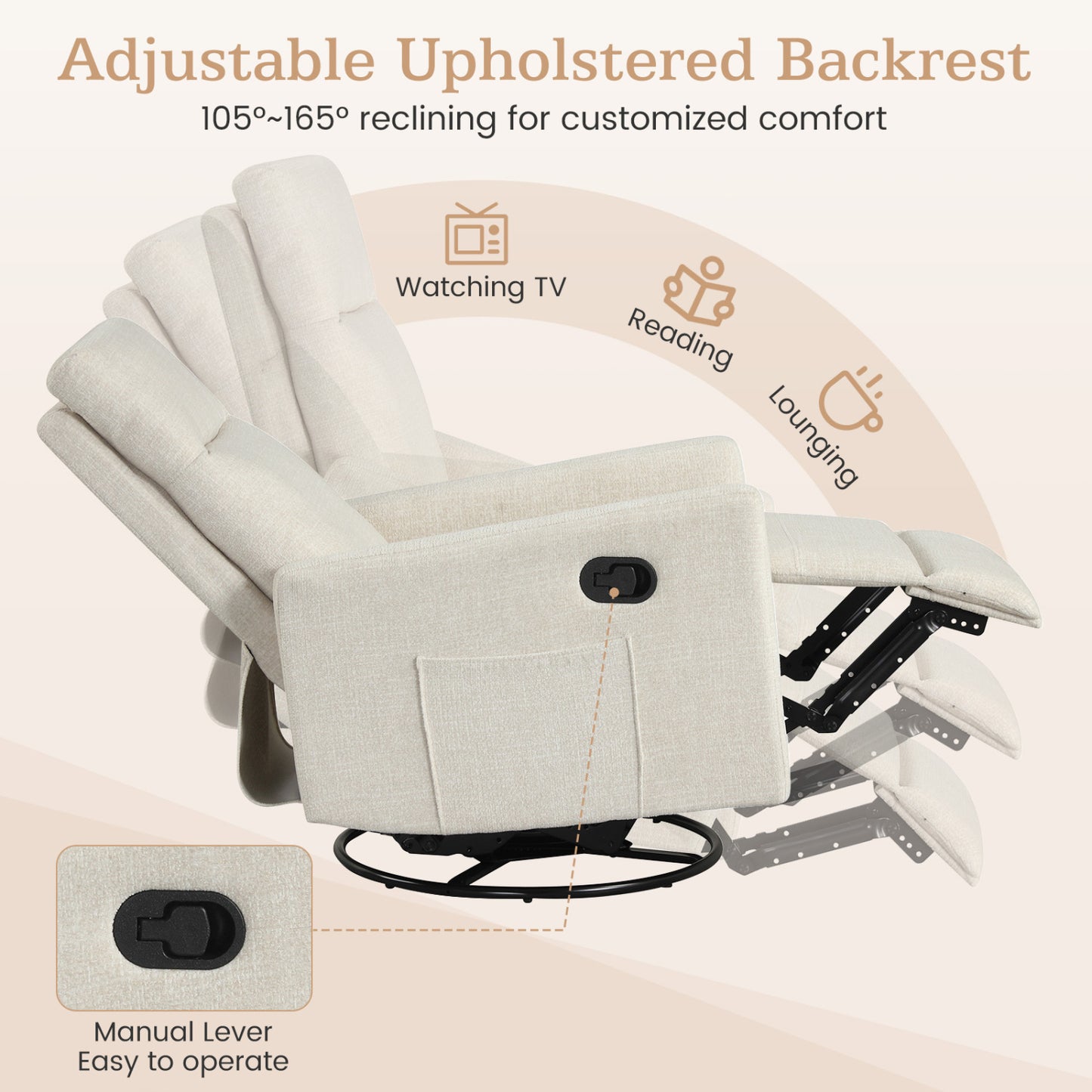 Swivel Rocking Chair 360° Recliner with Cushioned Back, Beige Floor Chairs at Gallery Canada