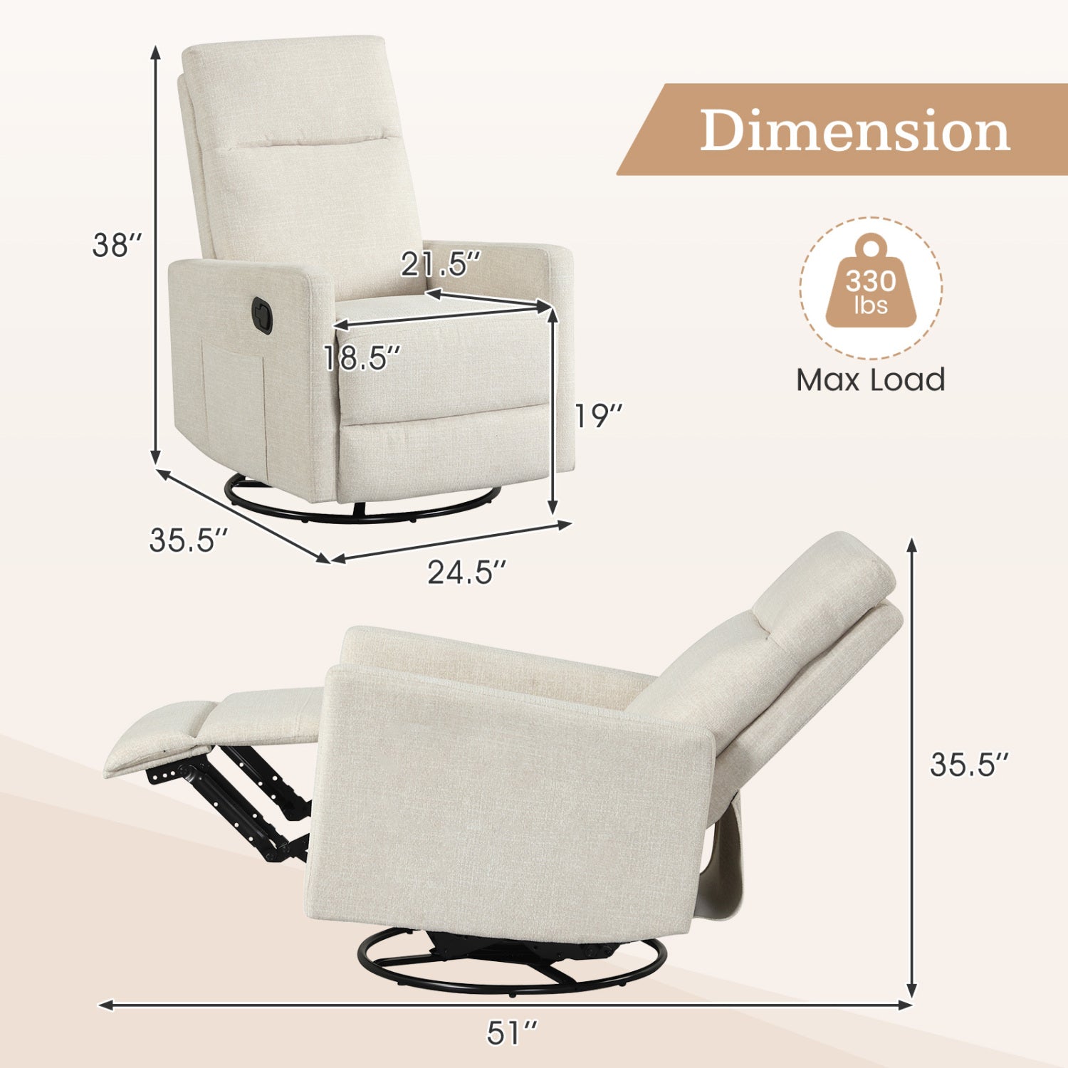Swivel Rocking Chair 360° Recliner with Cushioned Back, Beige Floor Chairs at Gallery Canada