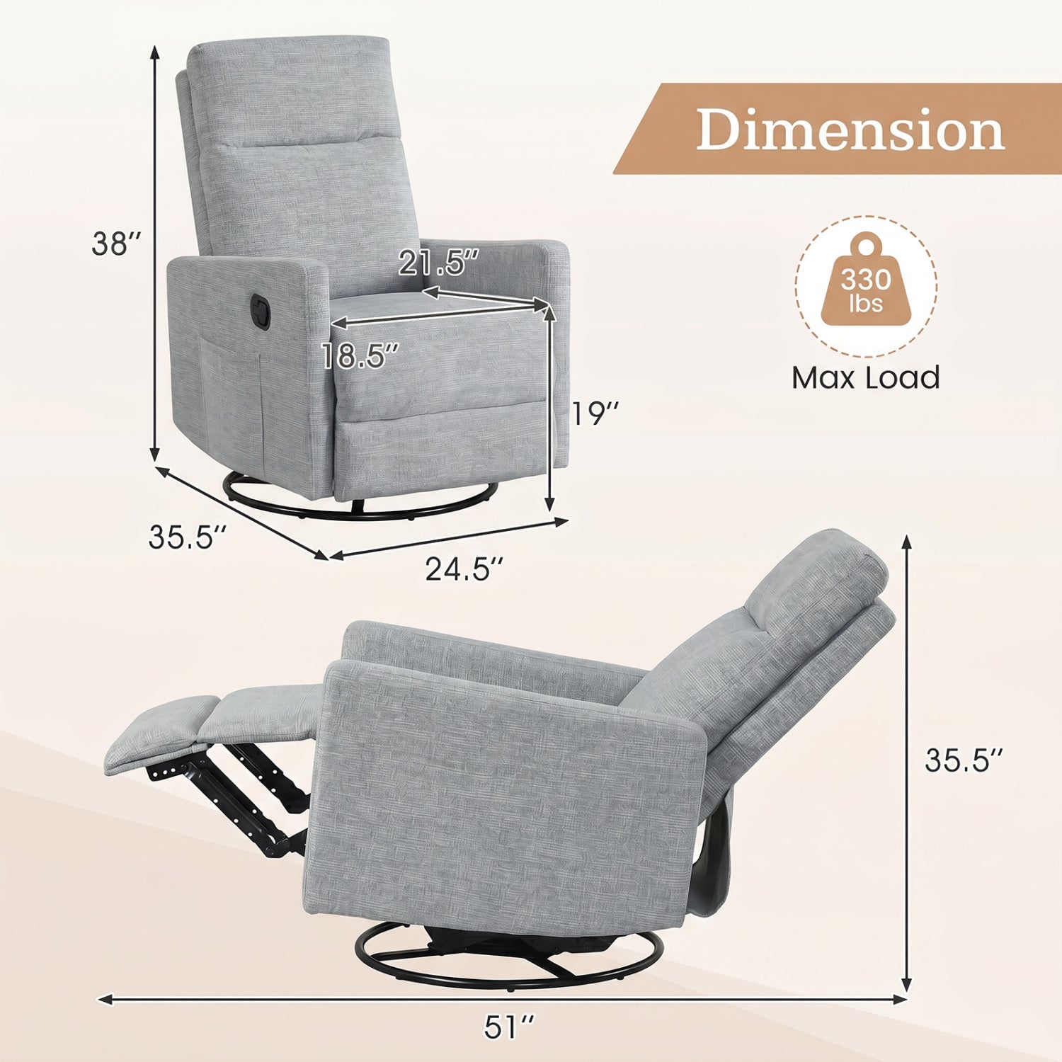 Swivel Rocking Chair 360°, Nursery Reclining Armchair, Gray Floor Chairs at Gallery Canada