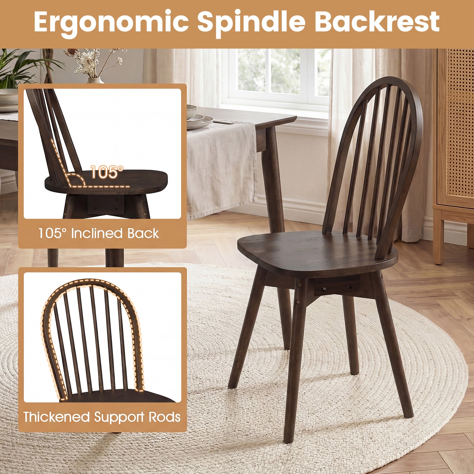 Swivel Windsor Dining Chairs, Set of 4, Solid Rubber Wood Frame, Walnut Dining Chairs at Gallery Canada