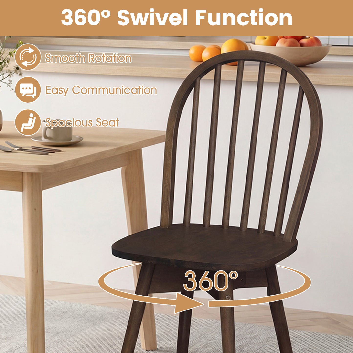 Swivel Windsor Dining Chairs, Set of 4, Solid Rubber Wood Frame, Walnut Dining Chairs at Gallery Canada