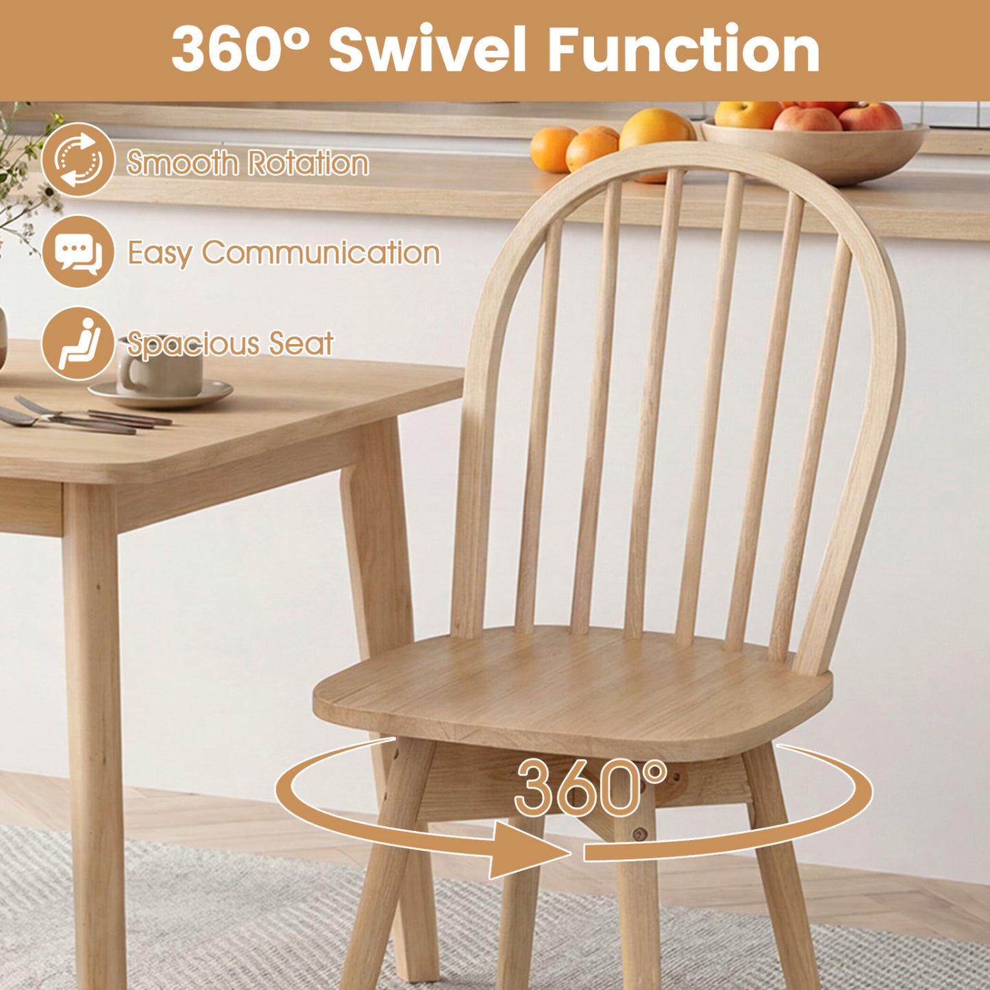 Swivel Windsor Dining Chairs, Set of 2, Solid Rubber Wood Frame, Natural Dining Chairs at Gallery Canada