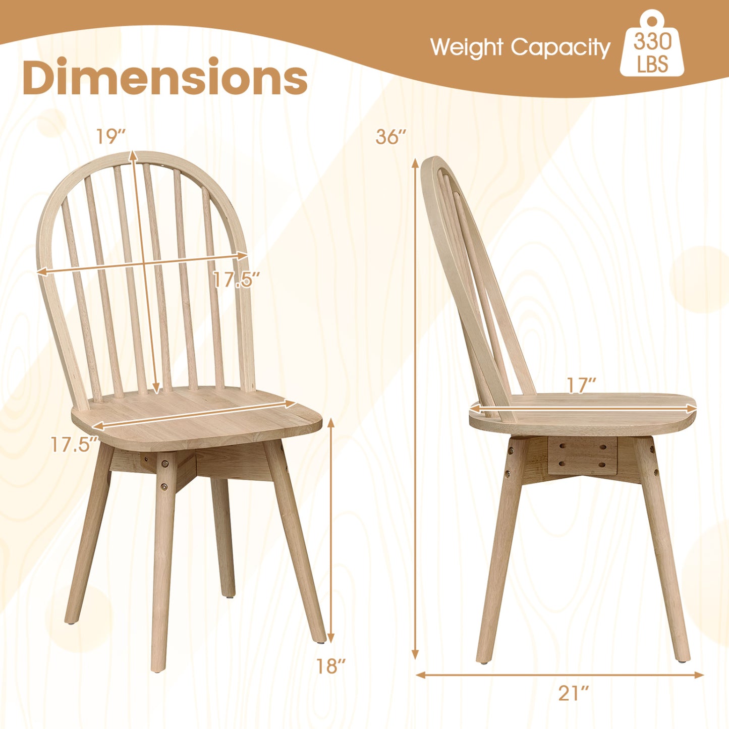 Swivel Windsor Dining Chairs, Set of 2, Solid Rubber Wood Frame, Natural Dining Chairs at Gallery Canada