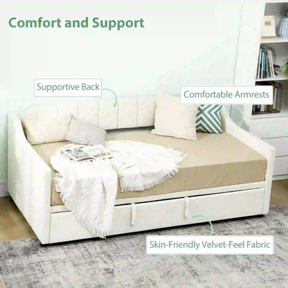 Upholstered Twin Trundle Bed, Extendable Twin To King, Cream White Bed Frames at Gallery Canada