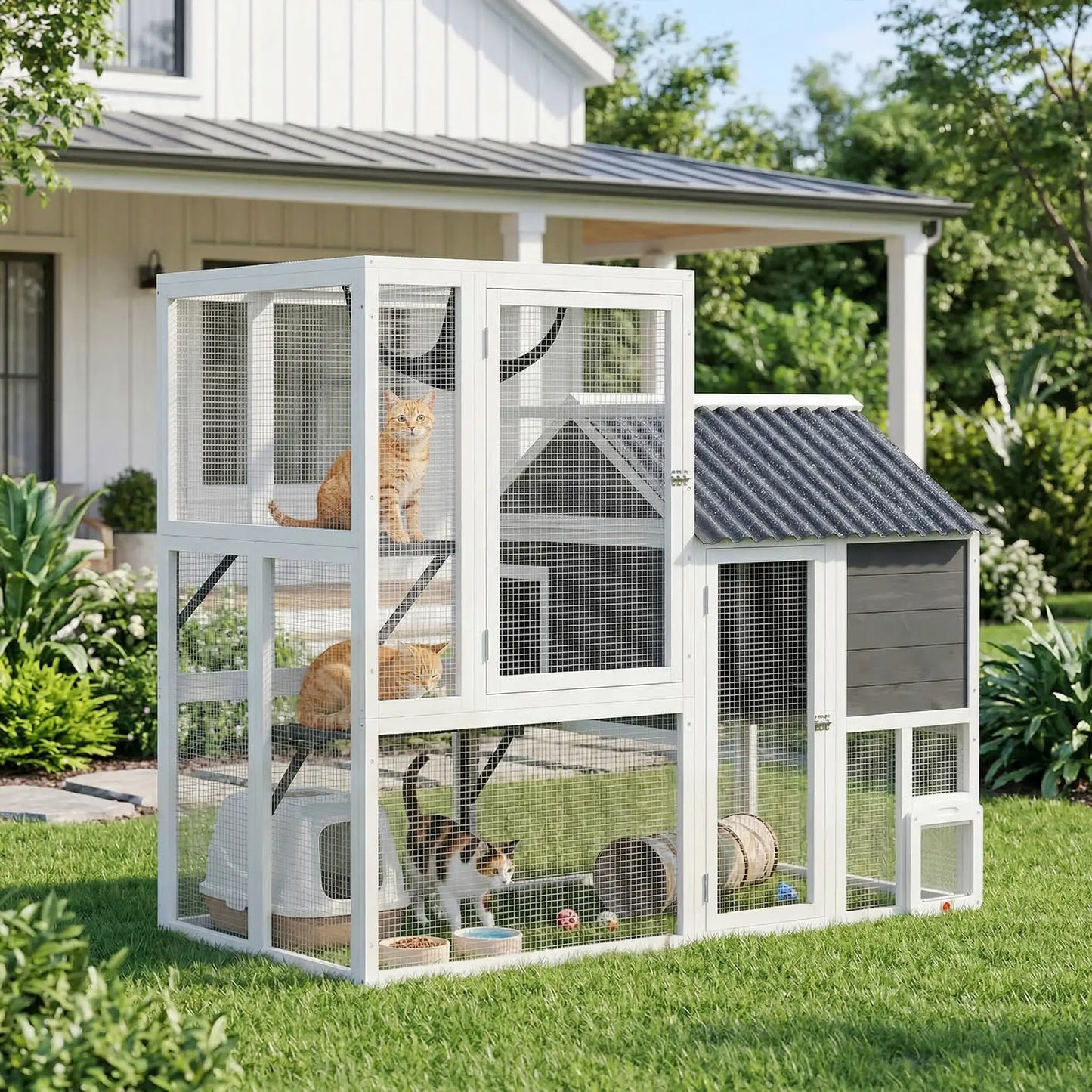 Large Catio, 63" L Outdoor Cat House with 4-Way Door, Hammock, 2 Platforms Outdoor Cat Enclosures at Gallery Canada