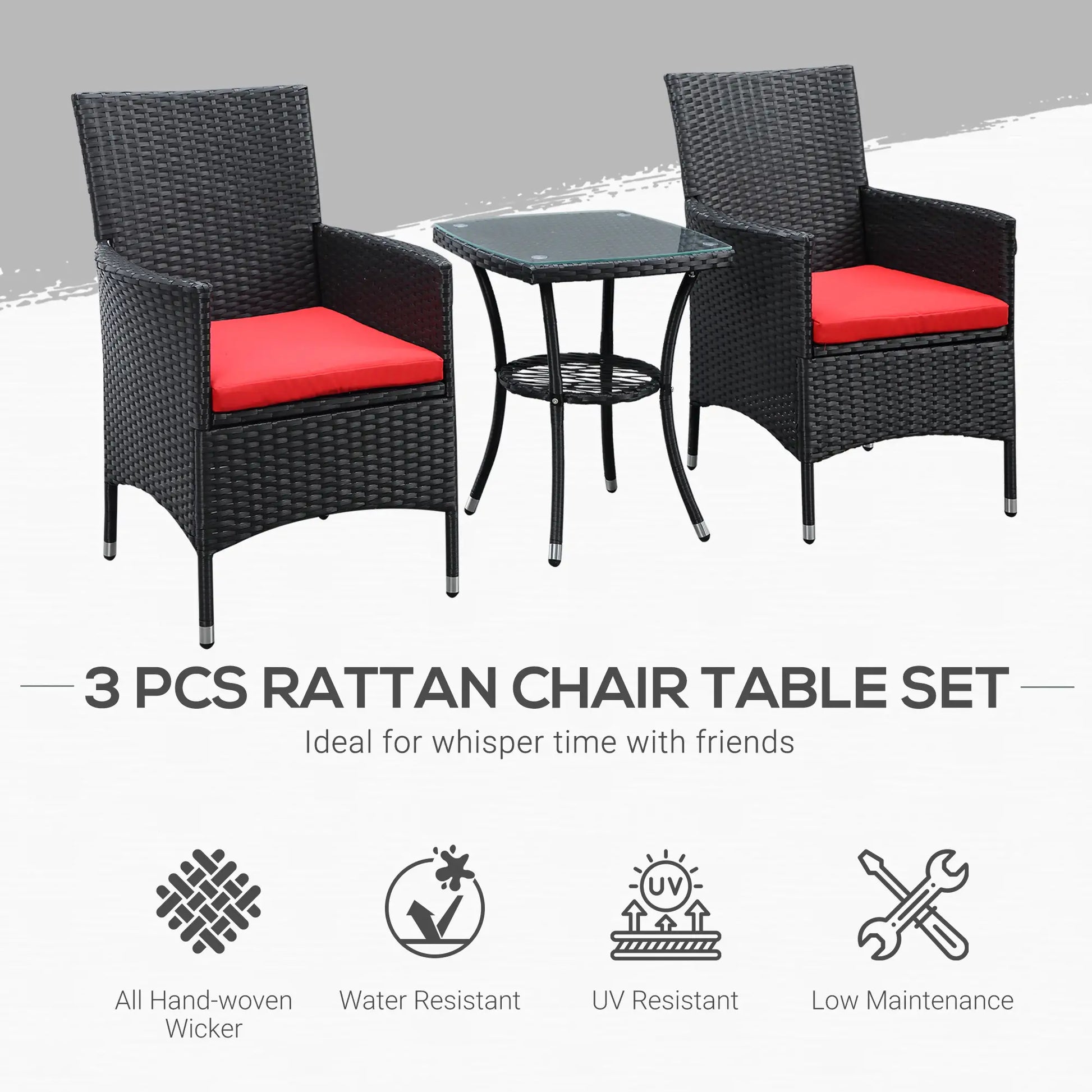 3-Piece Wicker Patio Set, Rattan Bistro with Glass Table, Cushions, Red Bistro Sets at Gallery Canada