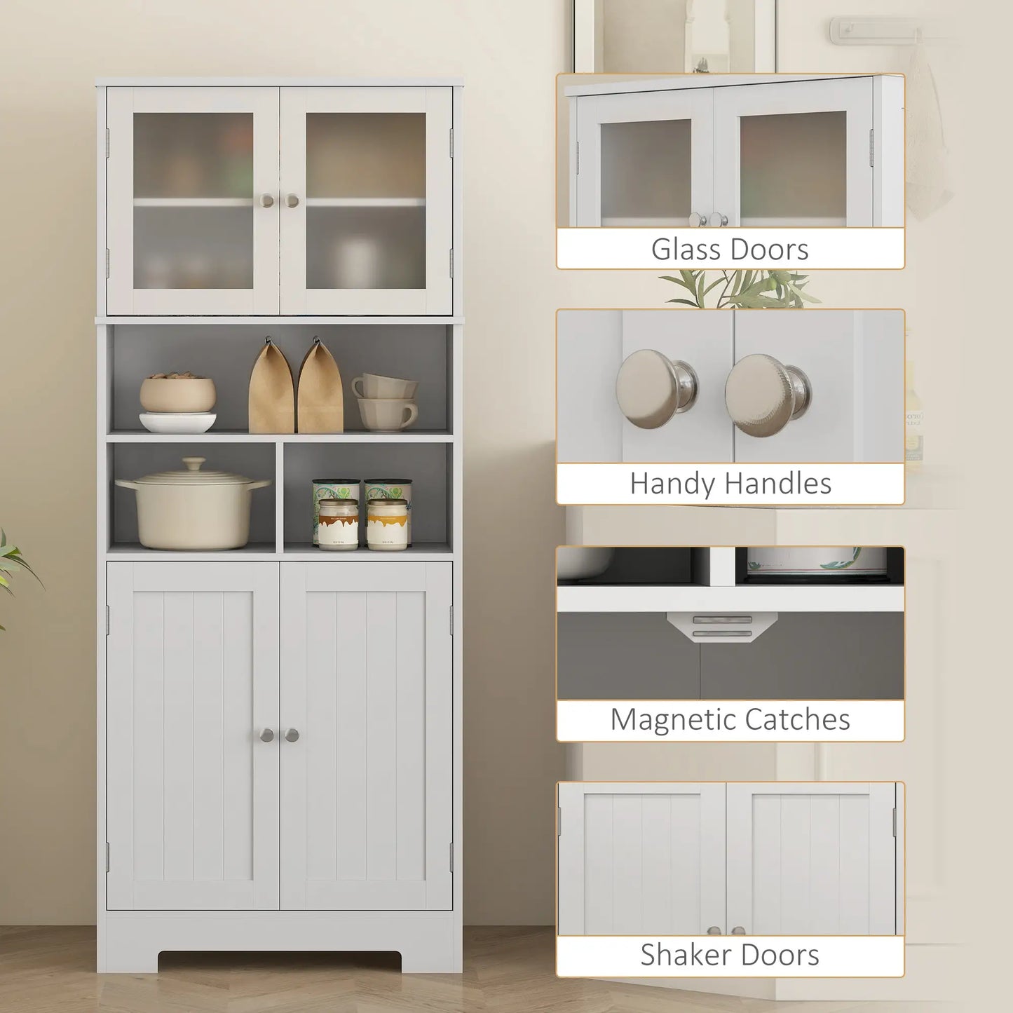 57" Kitchen Pantry, Freestanding Cabinet, Glass Doors, Adjustable Shelves, White Kitchen Pantry Cabinets at Gallery Canada