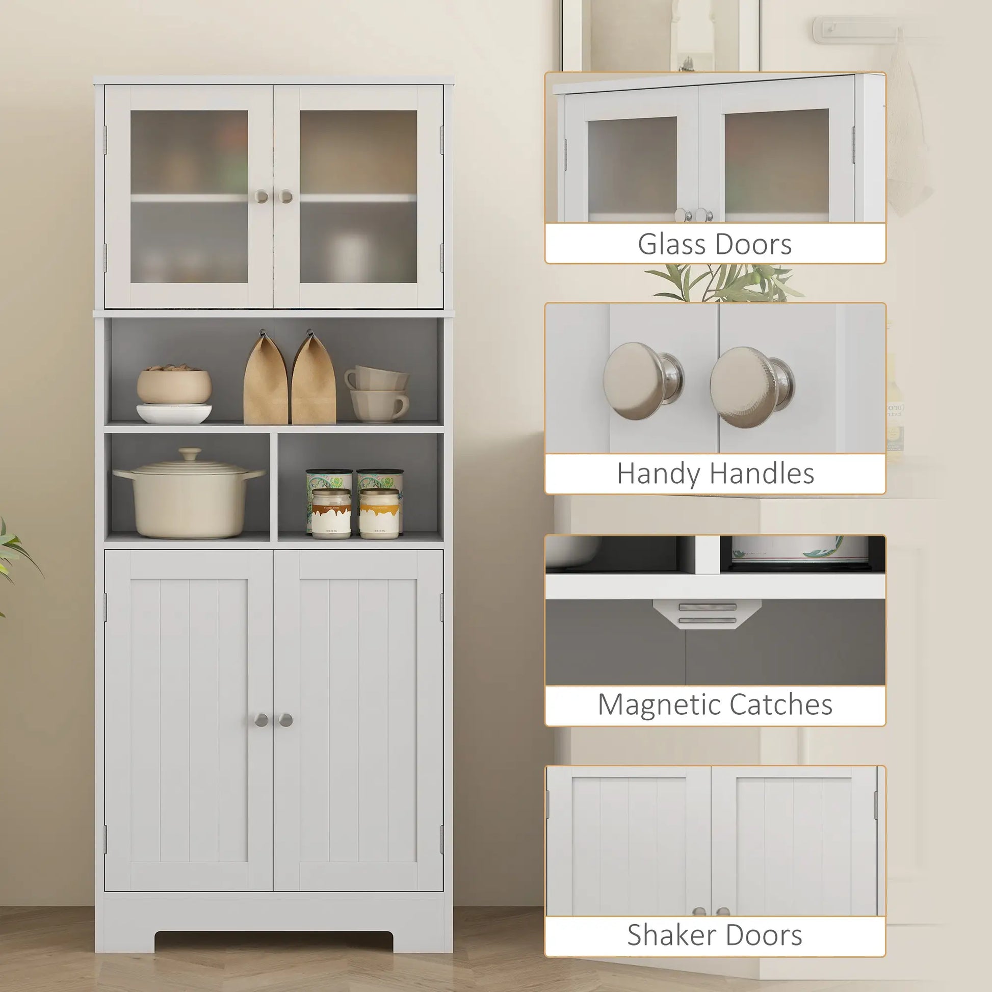 57" Kitchen Pantry, Freestanding Cabinet, Glass Doors, Adjustable Shelves, White Kitchen Pantry Cabinets at Gallery Canada
