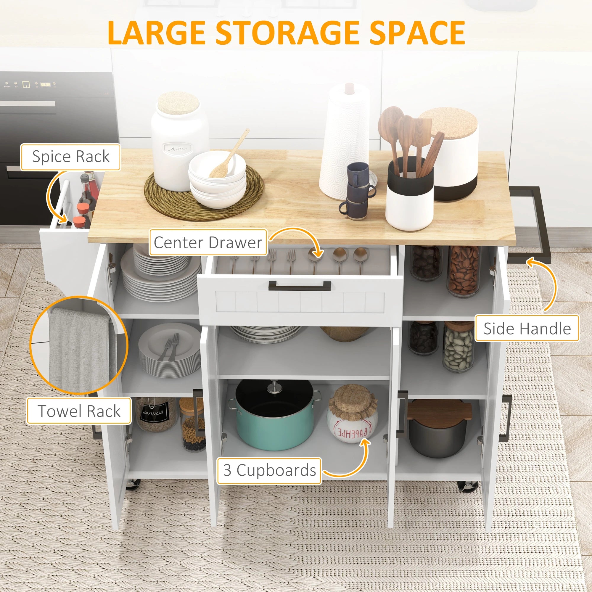 Modern Kitchen Island Cart, Natural Wood Top, Towel Rack, Door Storage, White Kitchen Islands & Kitchen Carts at Gallery Canada