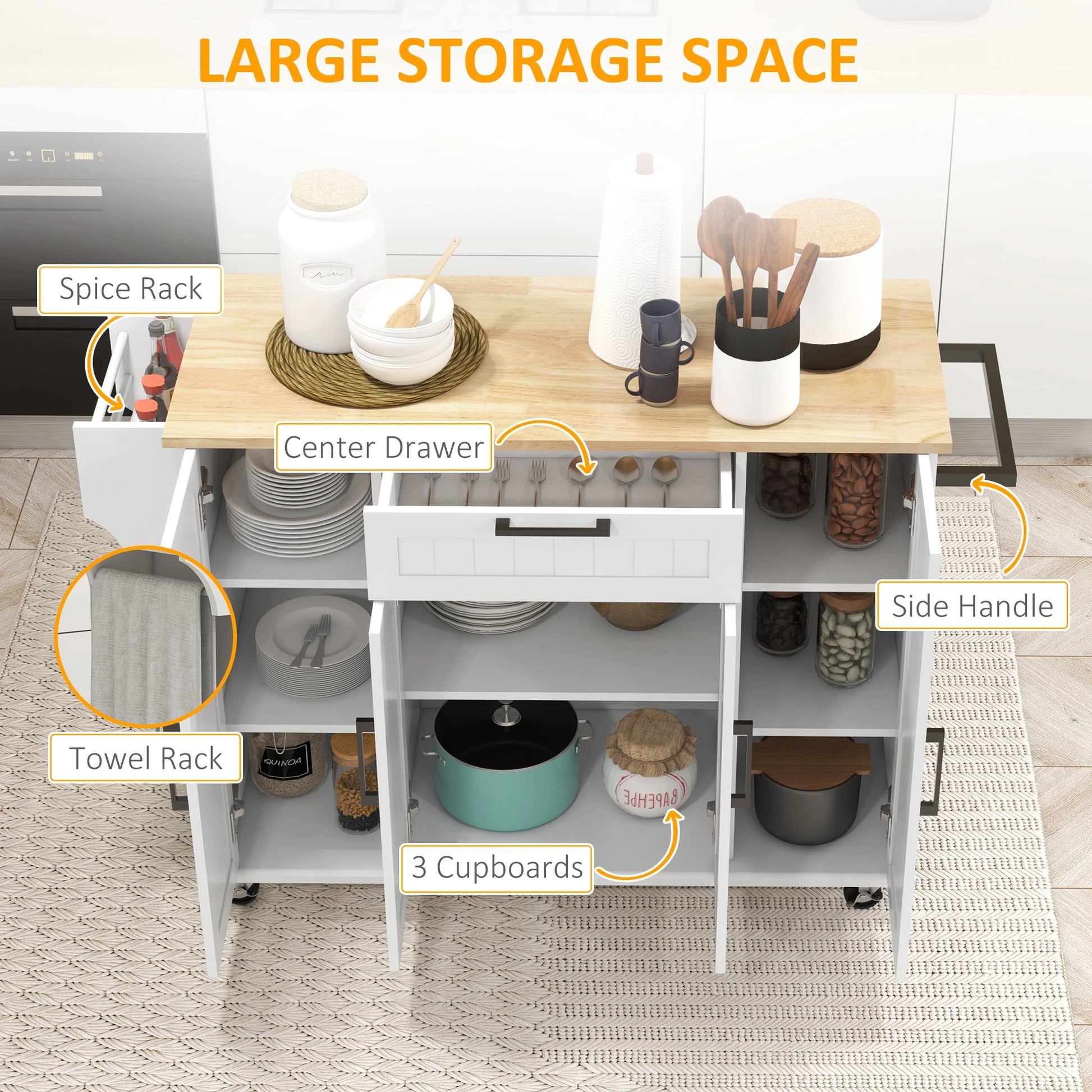 Modern Kitchen Island Cart, Natural Wood Top, Towel Rack, Door Storage, White Kitchen Islands & Kitchen Carts at Gallery Canada