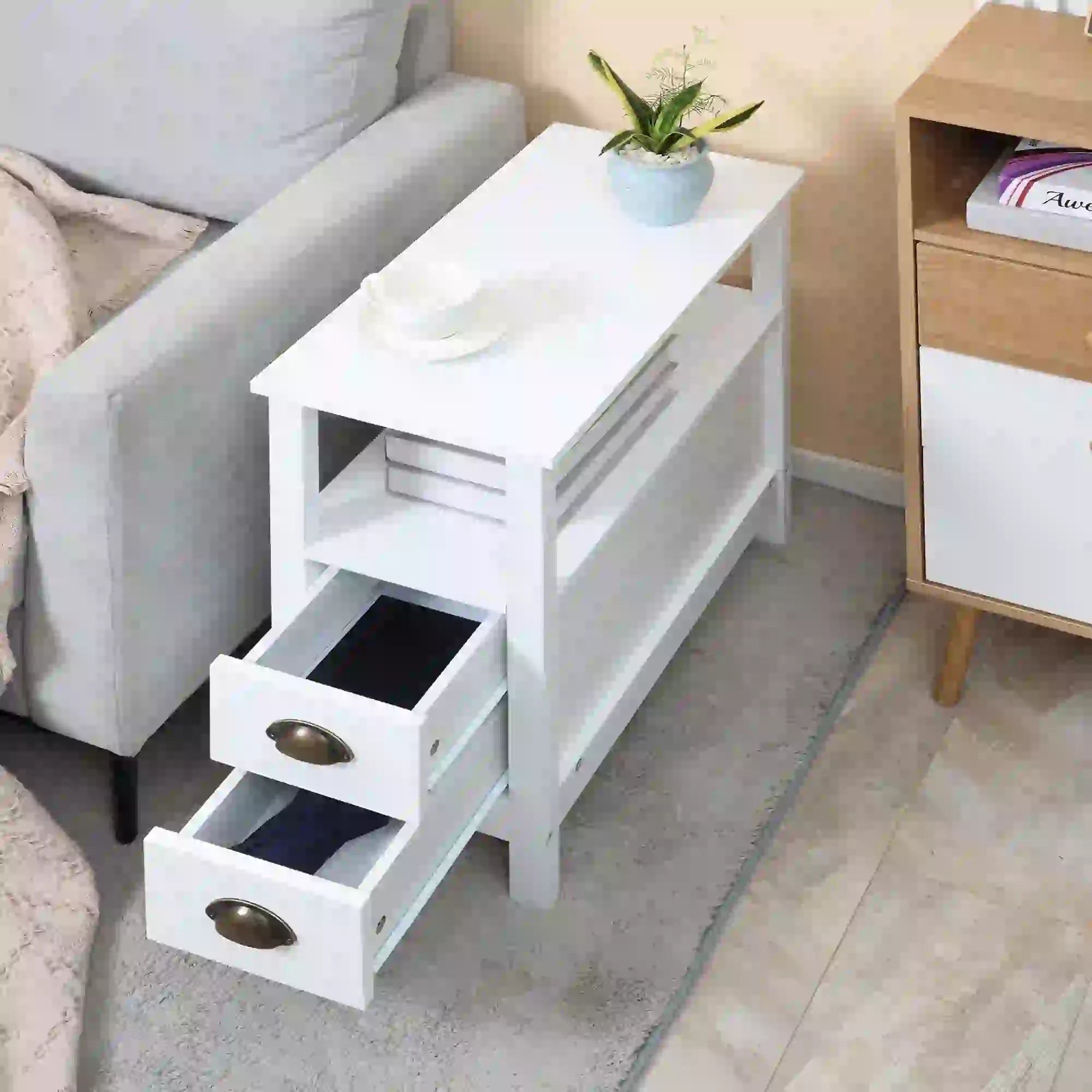 Slim End Table with 2 Drawers, Storage Shelf, White Side Tables at Gallery Canada