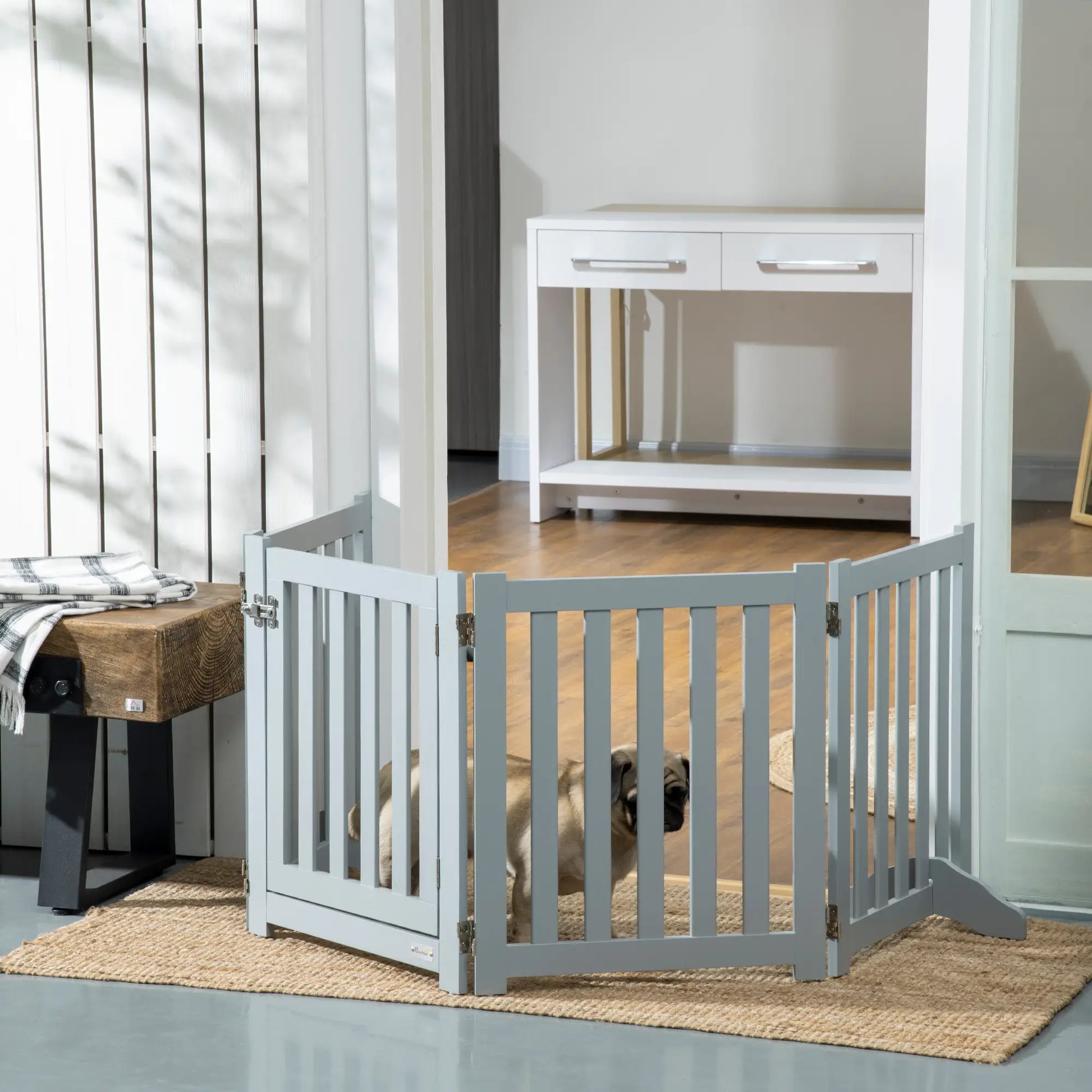 23.5"H Foldable Dog Gate with Door, 4 Panels, Grey Houses, Kennels & Pens at Gallery Canada