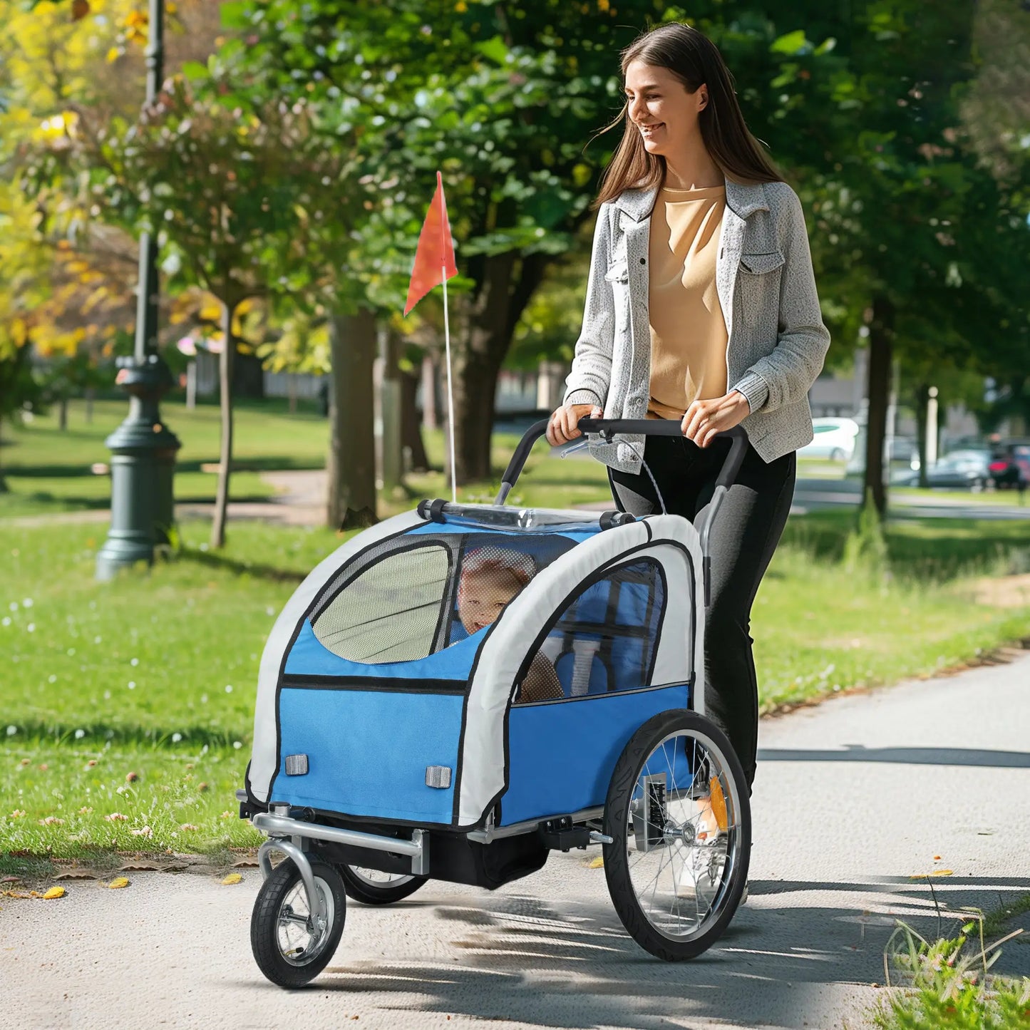 2-in-1 Bike Trailer for Kids, Foldable 2-Seat Stroller, Blue Kids Bike Trailers at Gallery Canada