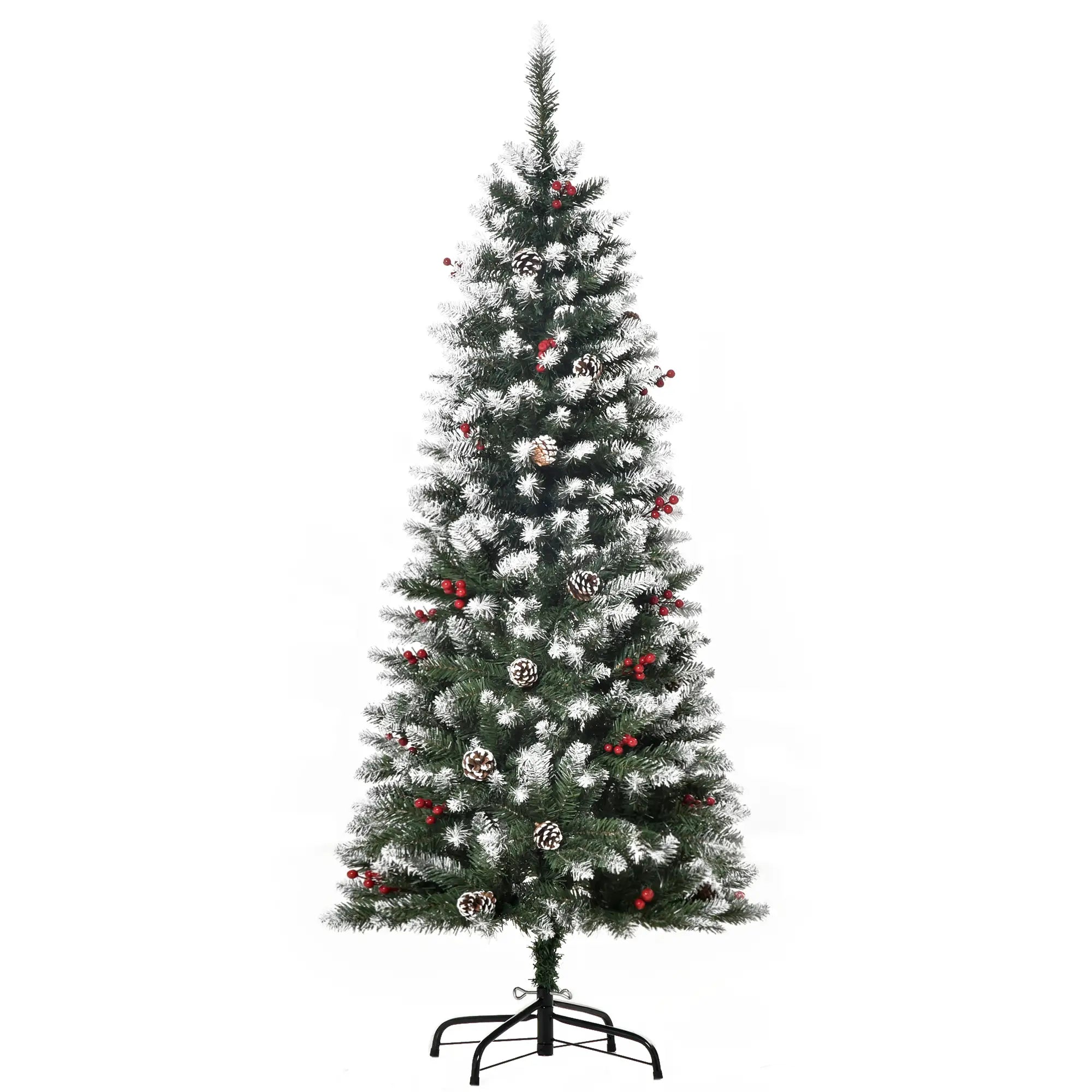 5ft Flocked Christmas Tree, Red Berries Pine Cones, Pencil Shape, Green Pencil Christmas Trees at Gallery Canada