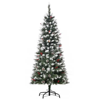 5ft Flocked Christmas Tree, Red Berries Pine Cones, Pencil Shape, Green Pencil Christmas Trees at Gallery Canada