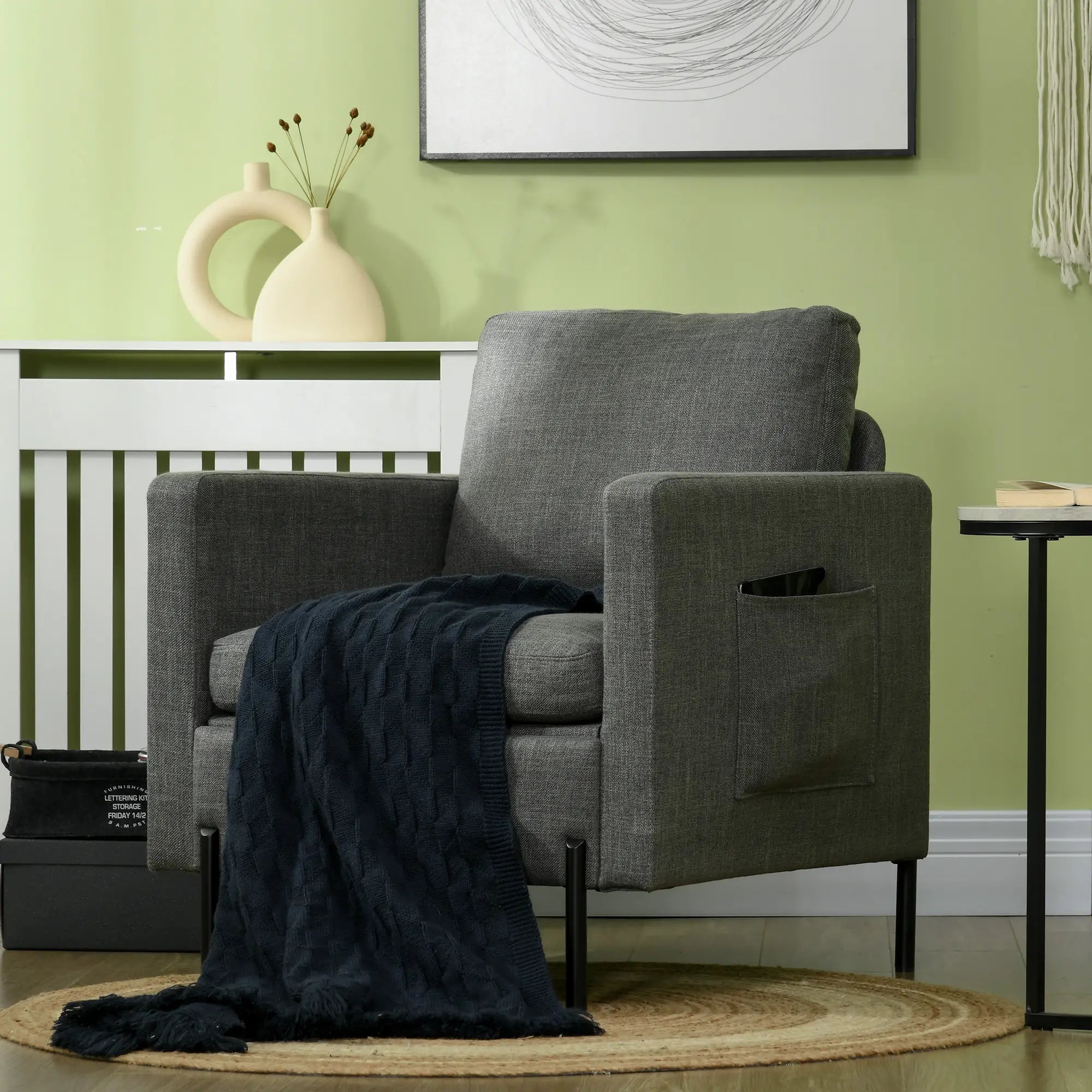 Modern Fabric Accent Armchair, Metal Legs, 2 Side Pockets, Grey Accent Chairs at Gallery Canada