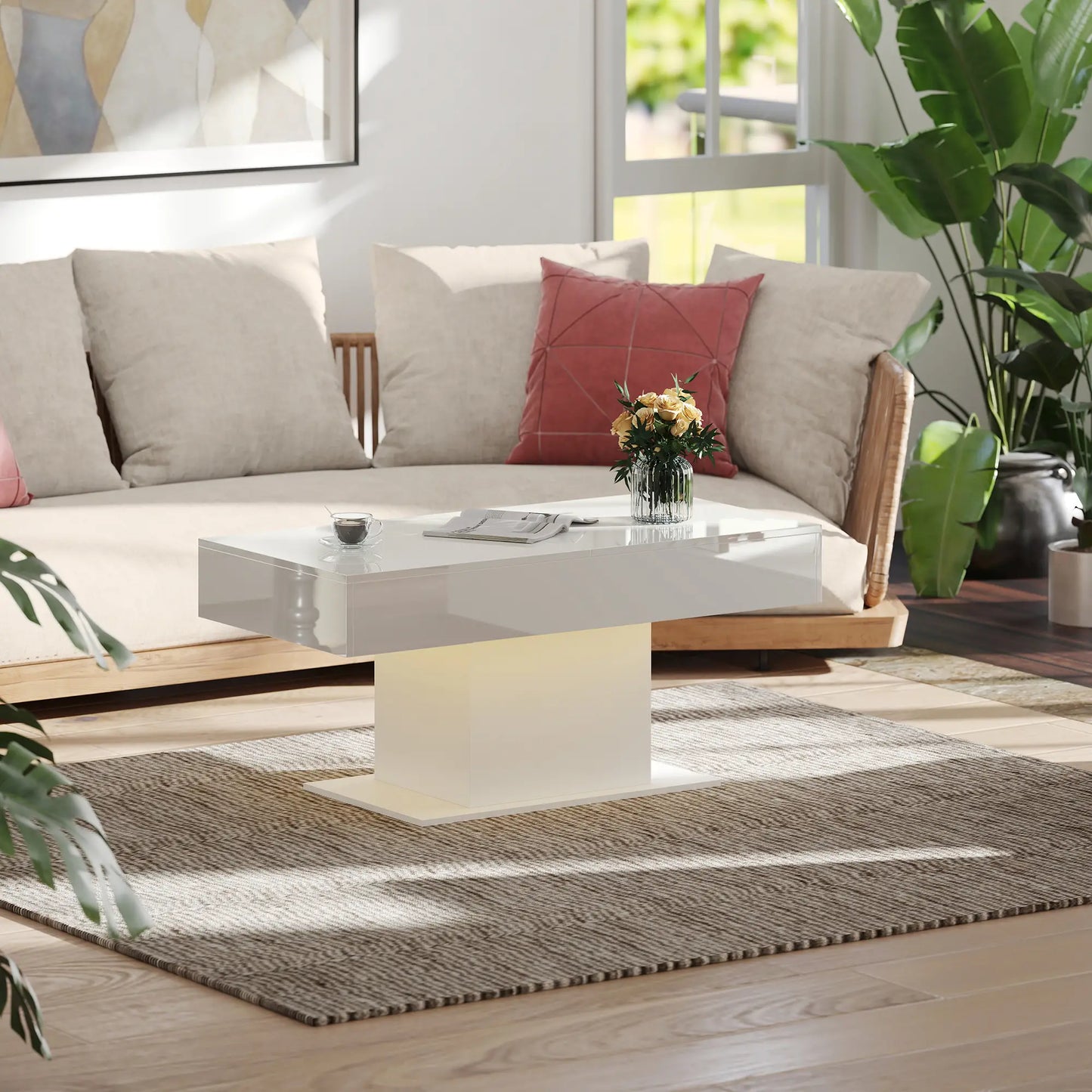 Extendable Coffee Table with LED Lights, Modern High Gloss Center Table with Hidden Storage, White Coffee Tables at Gallery Canada