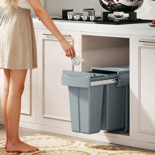 Pull Out Garbage Bin for Kitchen, 30L Under Sink Garbage Can, 2 Removable Compartments, Grey Household Supplies Grey at Gallery Canada