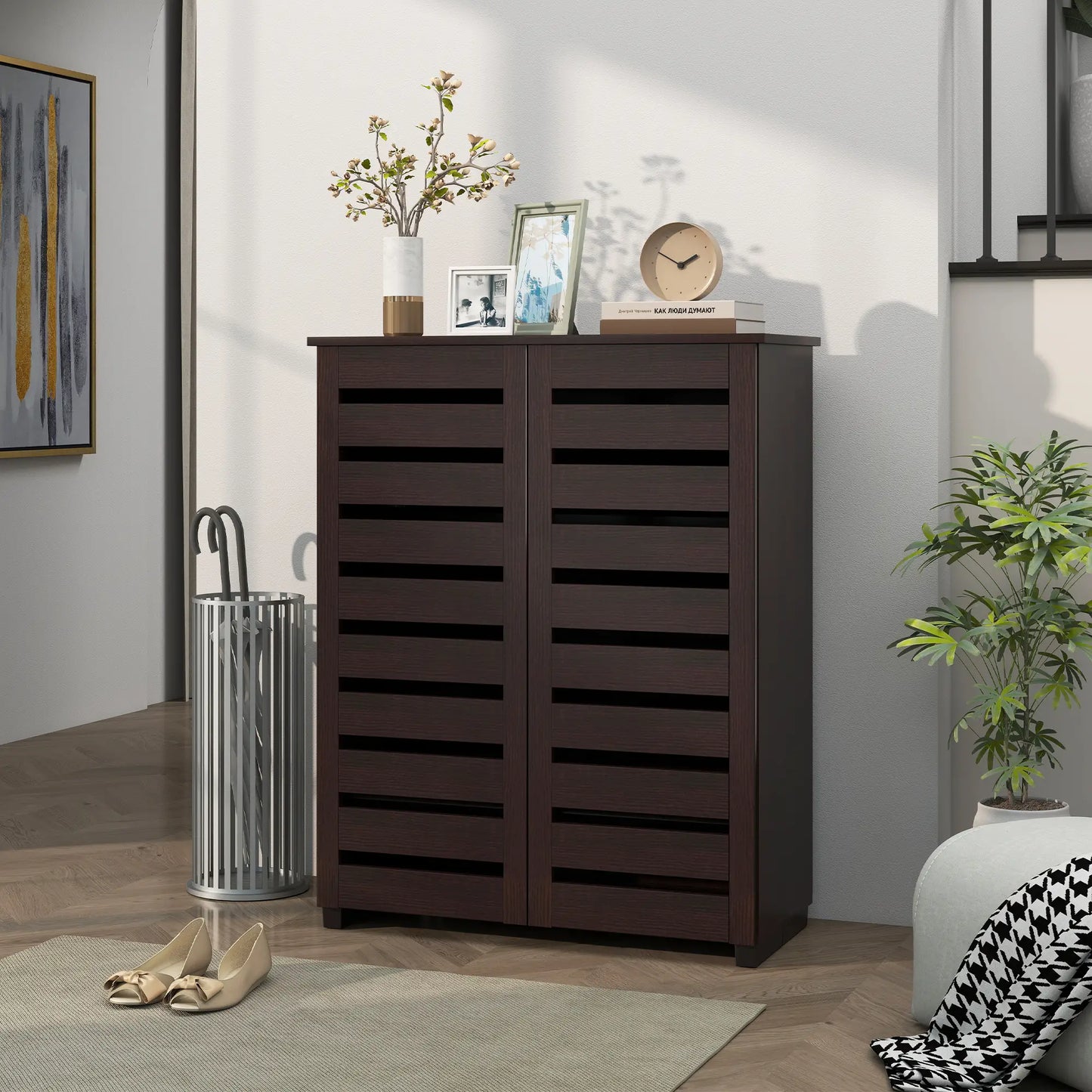 Narrow Shoe Cabinet, 2 Slatted Doors, Adjustable Shelves, Holds 15 Pairs, Dark Brown Shoe Storage Cabinets & Racks at Gallery Canada