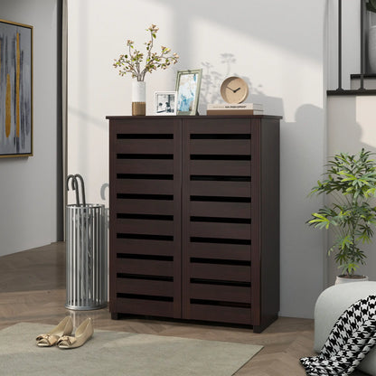 Narrow Shoe Cabinet, 2 Slatted Doors, Adjustable Shelves, Holds 15 Pairs, Dark Brown Shoe Storage Cabinets & Racks at Gallery Canada