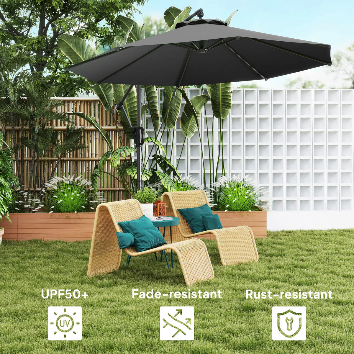 118.1" Patio Offset Umbrella, With Cover, Wind Strap, Crank, Tilt, UPF50+, Grey Offset Cantilever Umbrellas at Gallery Canada