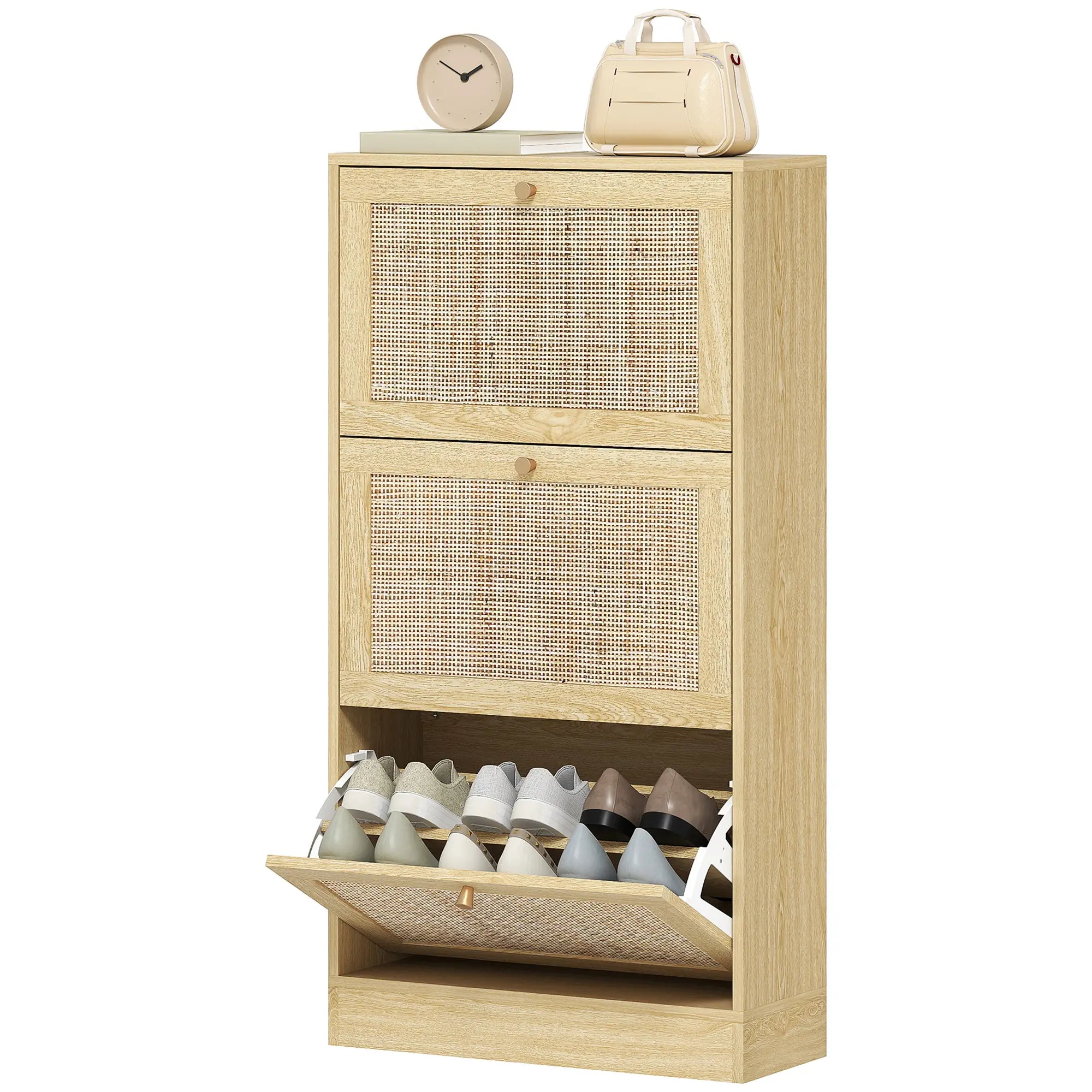 Rattan Shoe Cabinet, 3 Flip Drawers, Adjustable Shelves, 18 Pairs, Oak Shoe Storage Cabinets & Racks Oak, Natural Wood at Gallery Canada