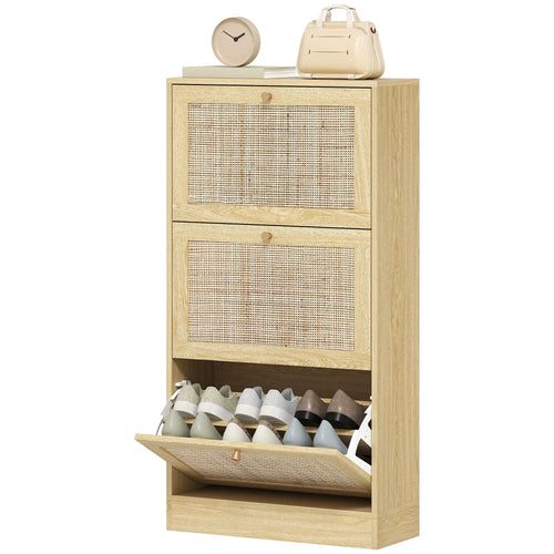 Rattan Shoe Cabinet, 3 Flip Drawers, Adjustable Shelves, 18 Pairs, Oak