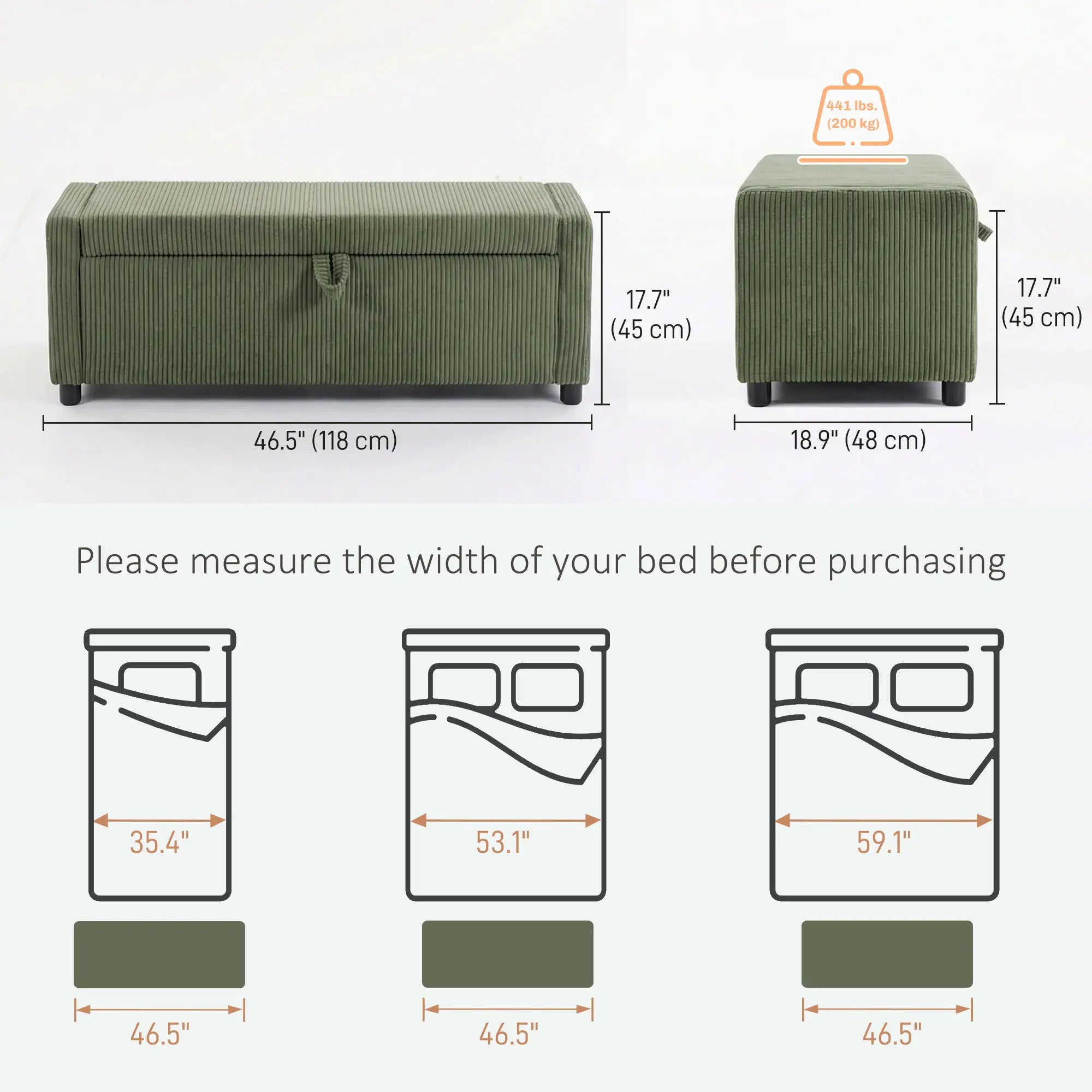 Storage Ottoman, Upholstered Corduroy Bench, Dark Green Storage Ottomans & Benches at Gallery Canada