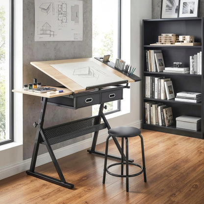 Adjustable Drafting Table, Art Desk With Stool And Storage Drawers, Oak Writing Desks at Gallery Canada
