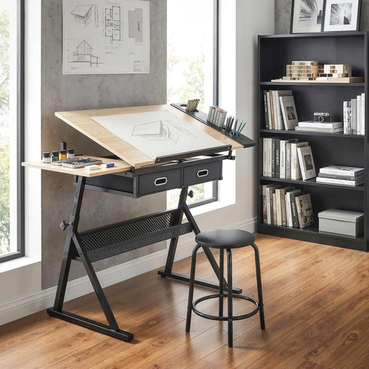 Adjustable Drafting Table, Art Desk With Stool And Storage Drawers, Oak Writing Desks Oak, Black at Gallery Canada