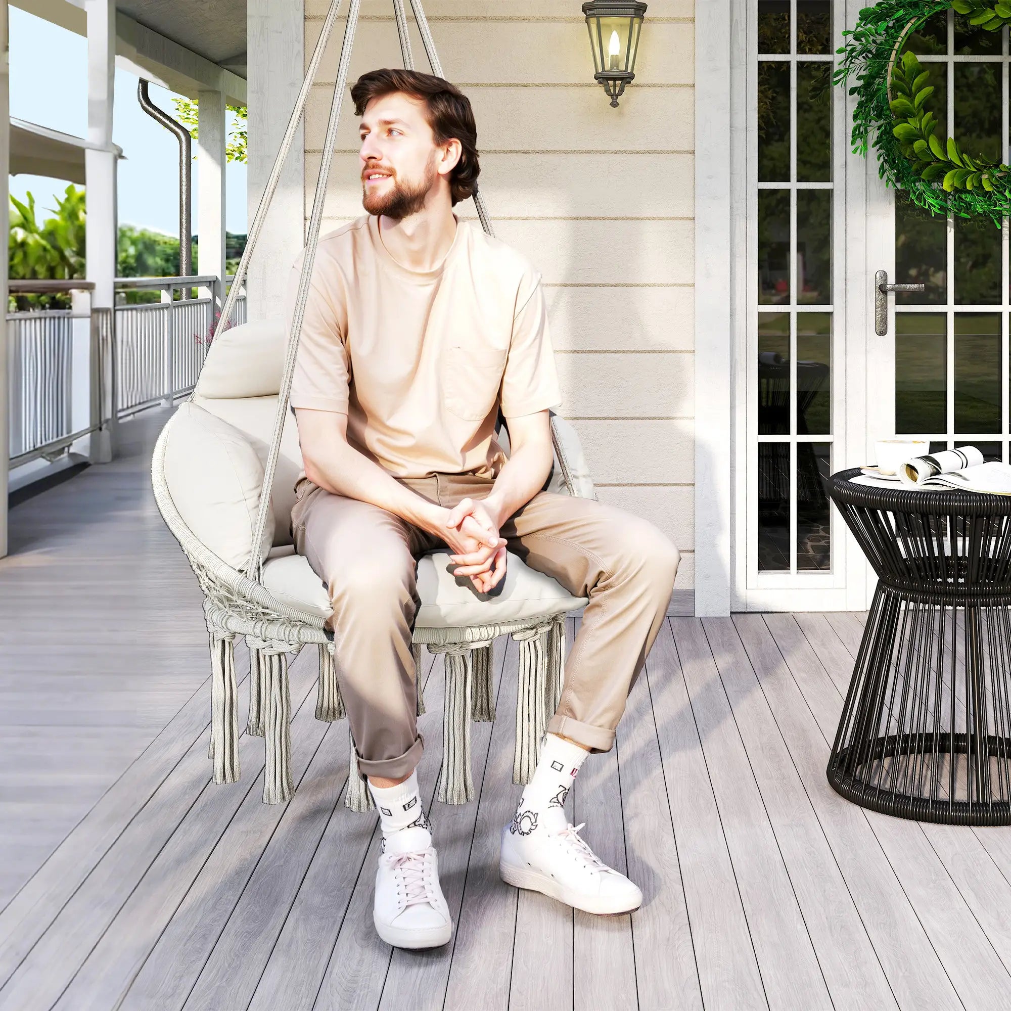 Boho Hammock Chair Swing with Cushion, Chain, Steel Frame, Cream Hammock Swings at Gallery Canada