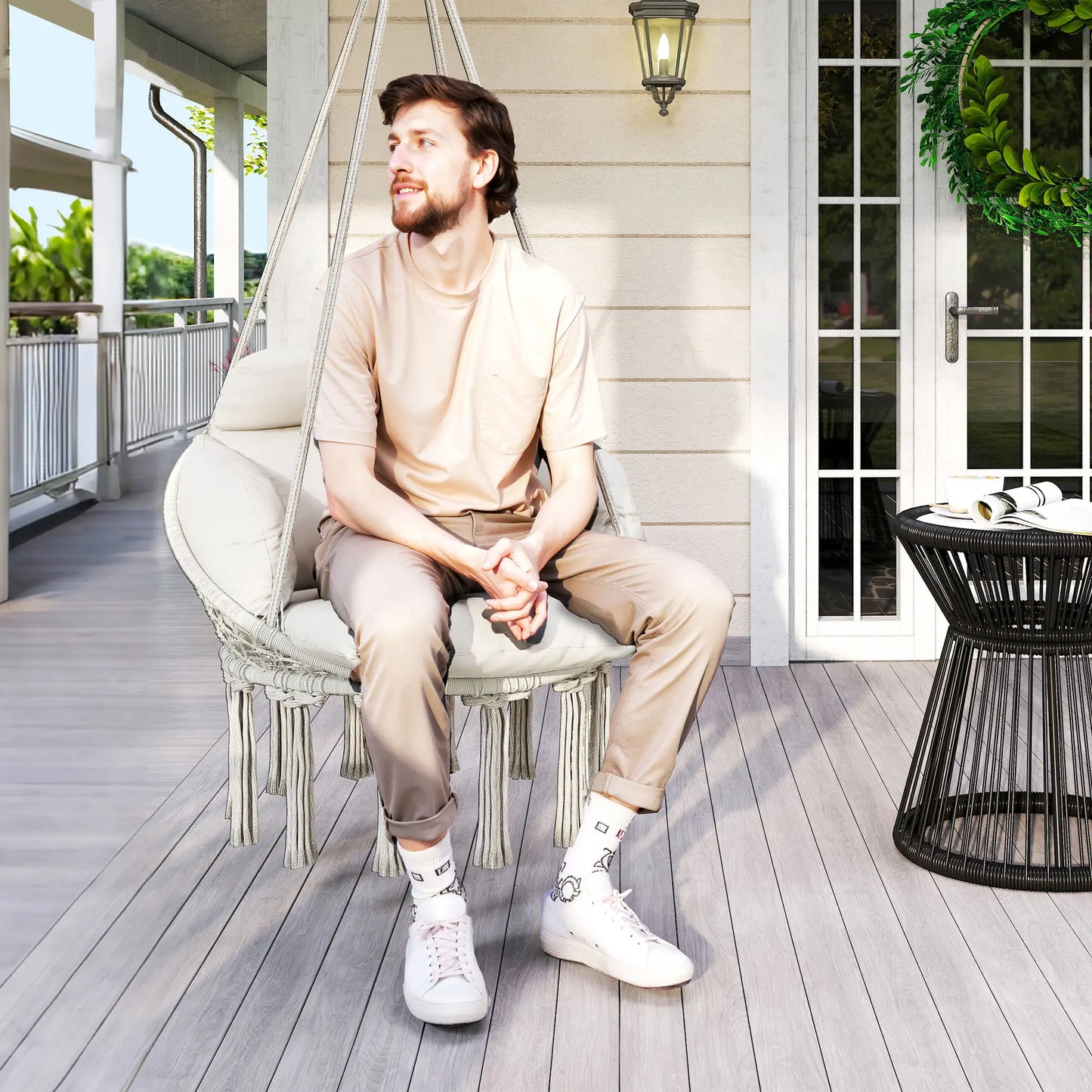 Boho Hammock Chair Swing with Cushion, Chain, Steel Frame, Cream Hammock Swings at Gallery Canada