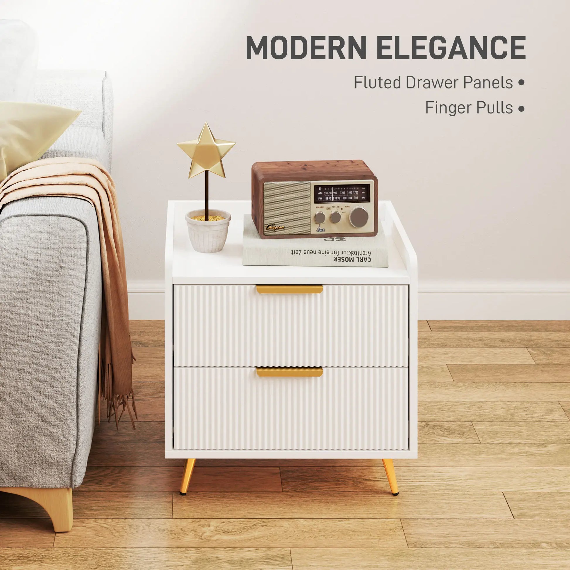 Bedside Table, Nightstand with 2 Drawers, Metal Legs, White Bedside Tables at Gallery Canada