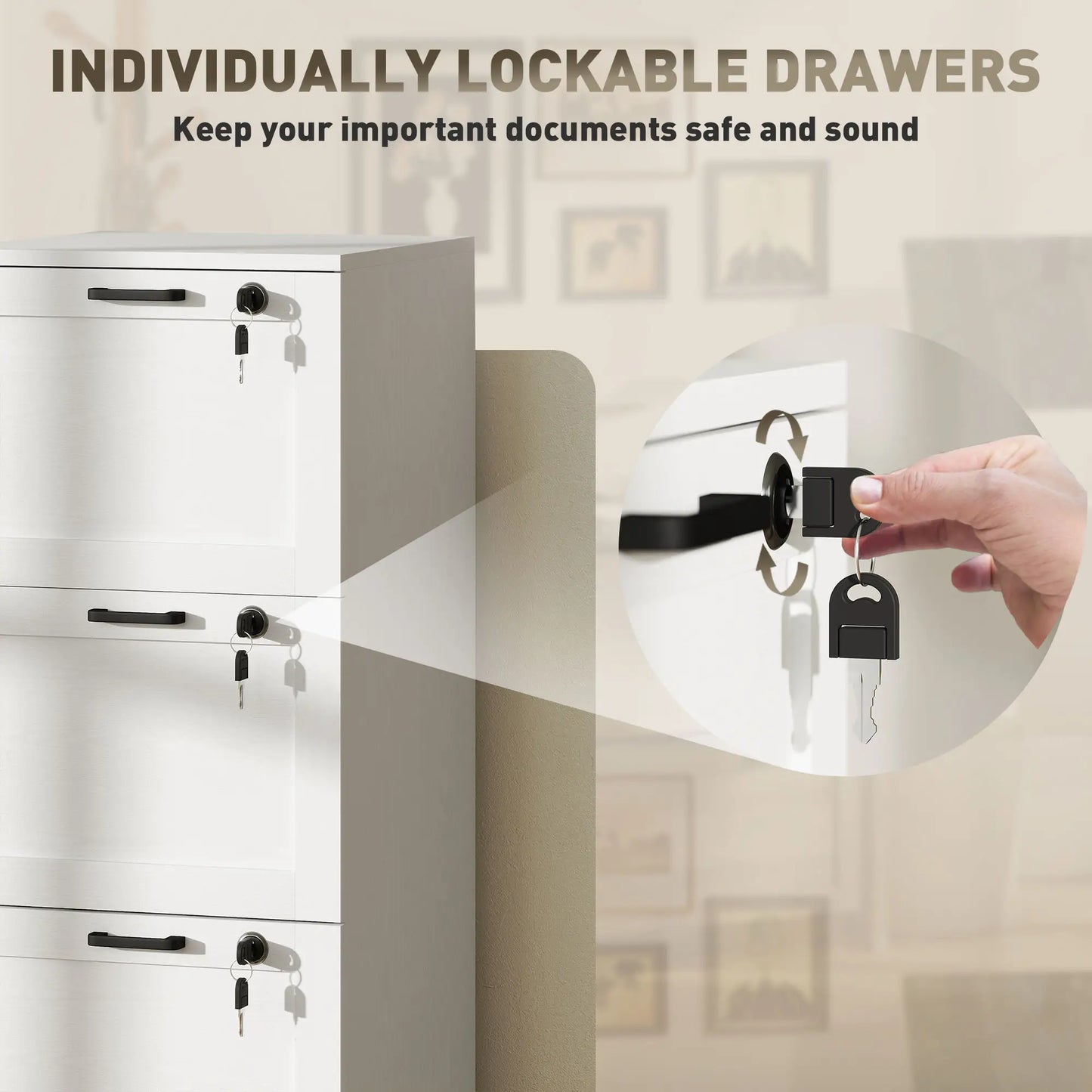 Vertical 3-Drawer Filing Cabinet, Lock, A4 Letter Size, White Office Cabinets & Cupboards at Gallery Canada