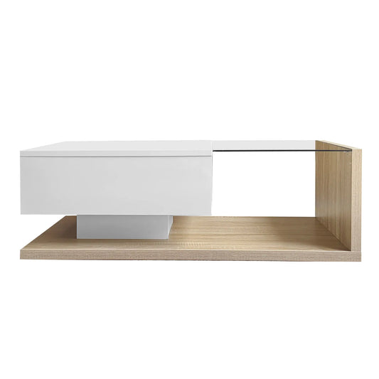 Modern Coffee Table, Glass LED Effect, Storage, 41.5" L x 21.5" W x 12.5" H, White+Wood, White, Wood Coffee Tables White, Wood at Gallery Canada