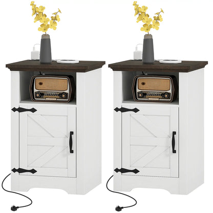 Set of 2 Side Tables, Night Stands with Outlets, White Side Tables White, Brown Wood Grain at Gallery Canada