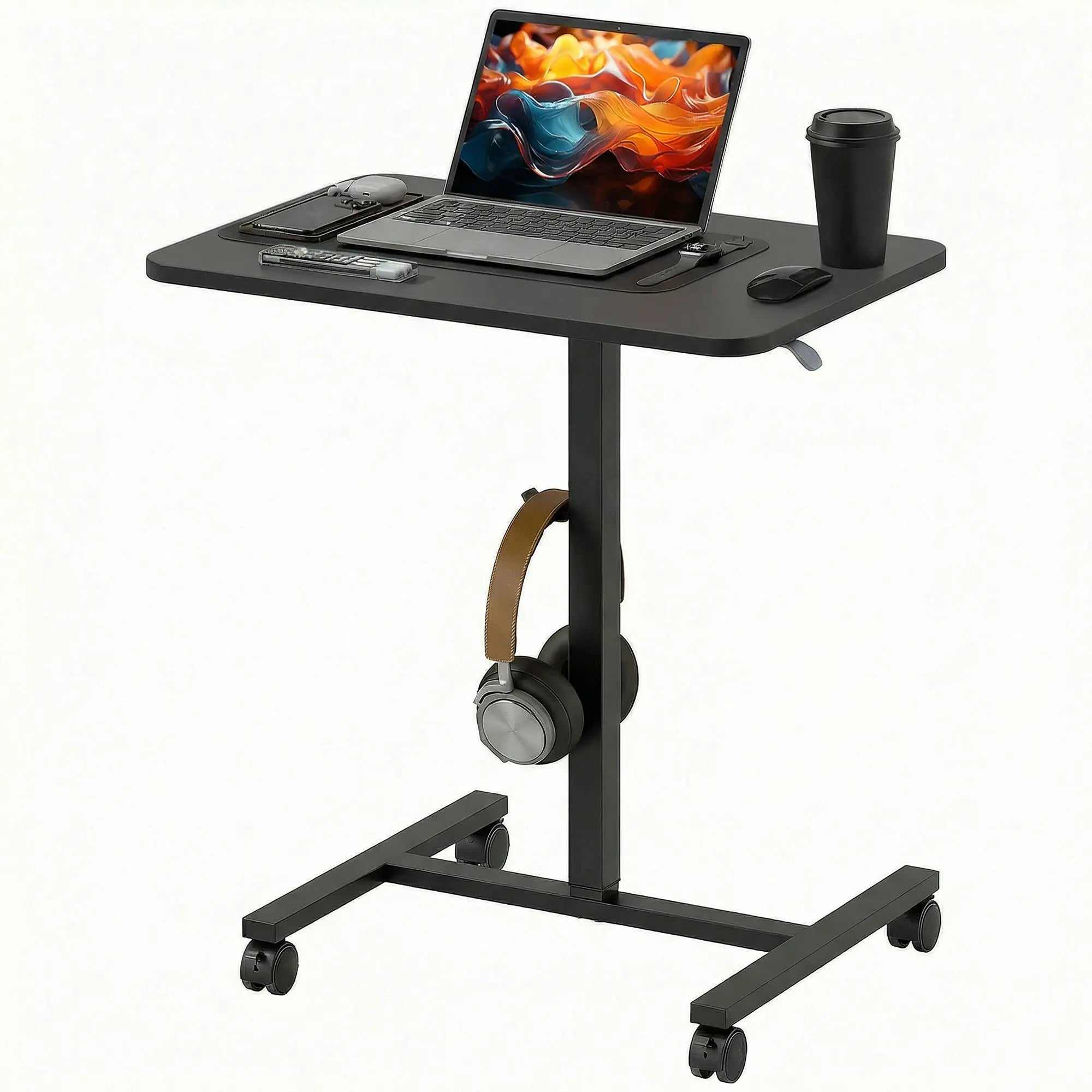 Height Adjustable Standing Desk, Pneumatic Sit Stand Desk, Black Wood Grain, Black Office Desks & Work Stations at Gallery Canada