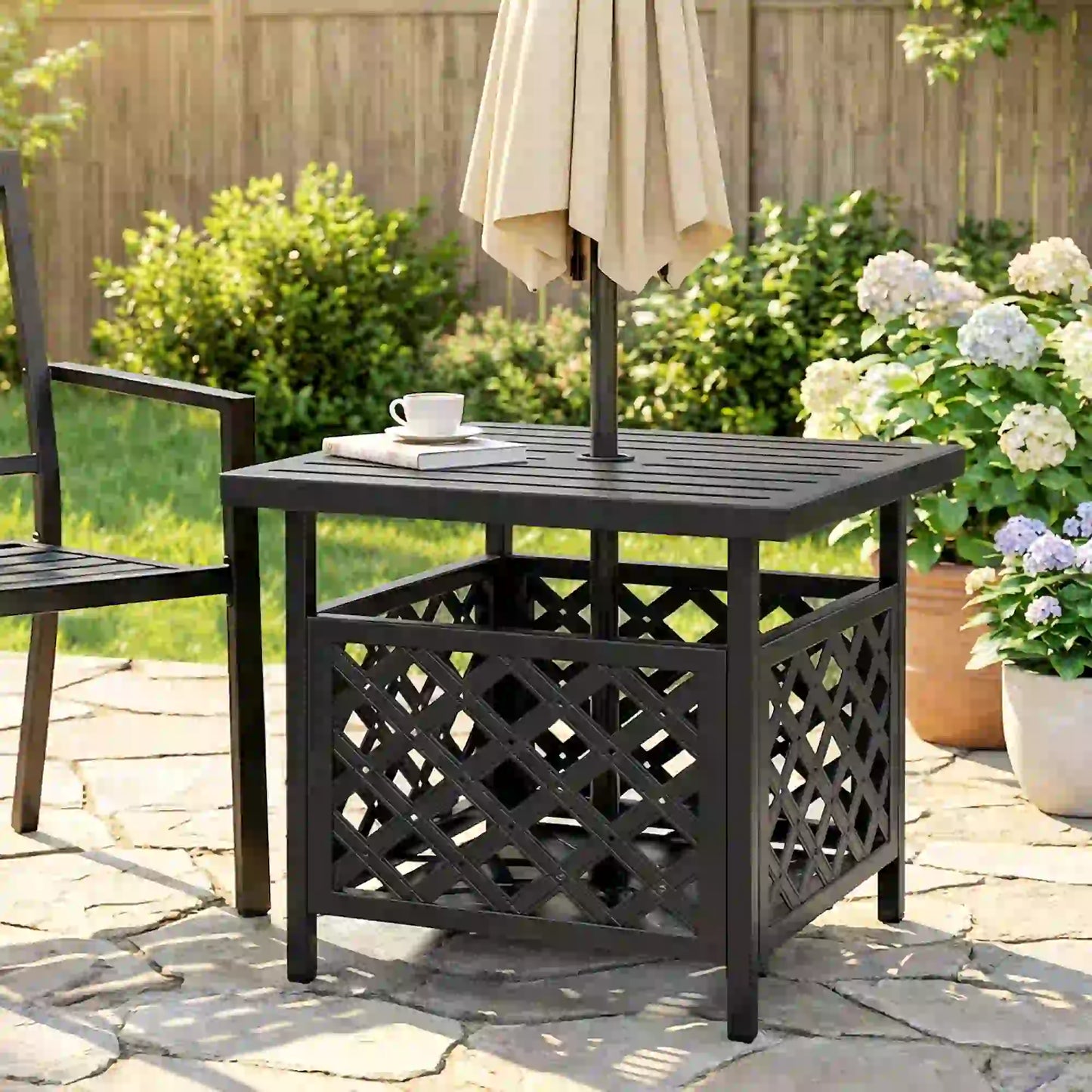 22" Outdoor Coffee Table, Metal Top, Slatted, Black Patio Side Tables at Gallery Canada