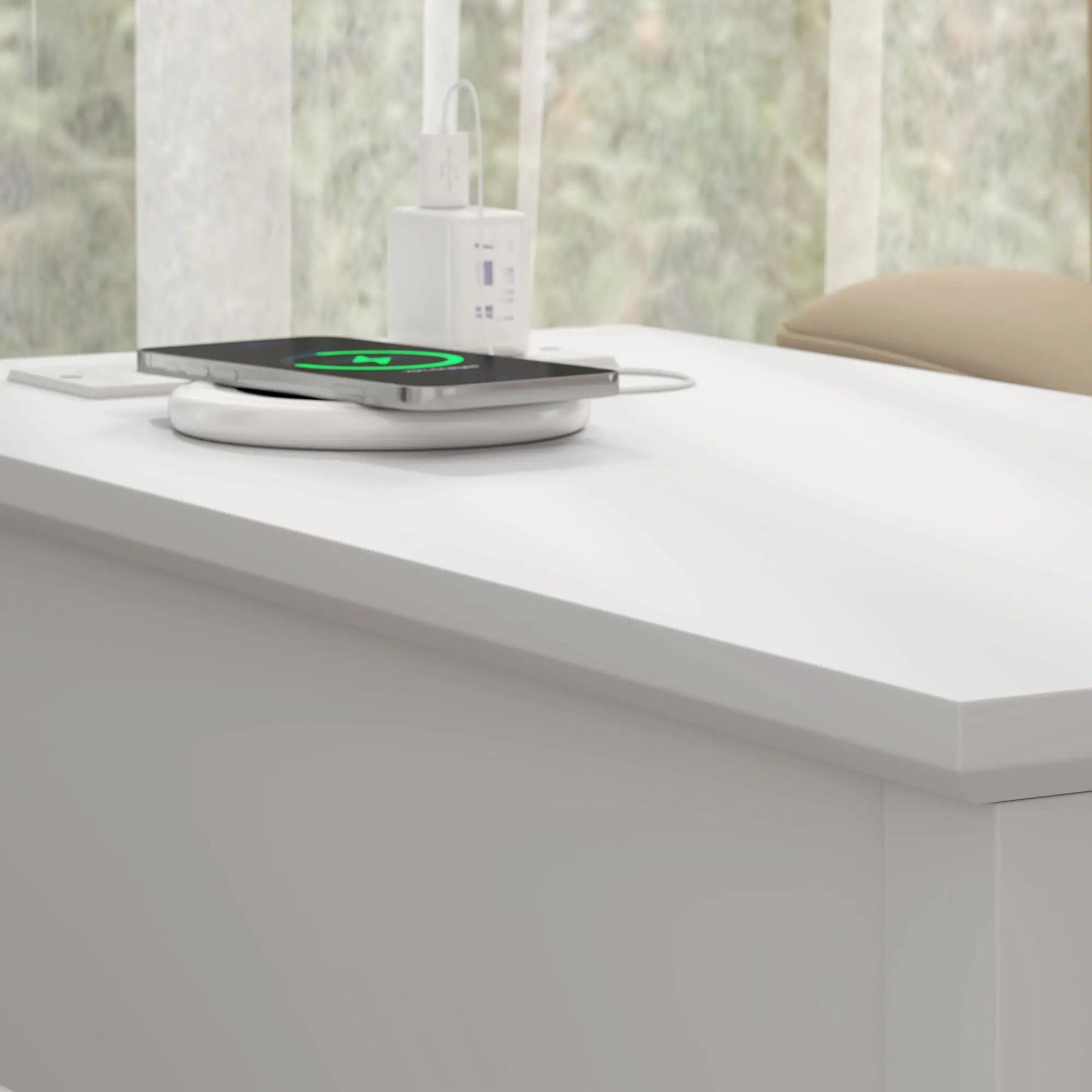 Narrow Side Table, Charging Station, USB Ports, Storage Shelf, Drawers, White Side Tables at Gallery Canada