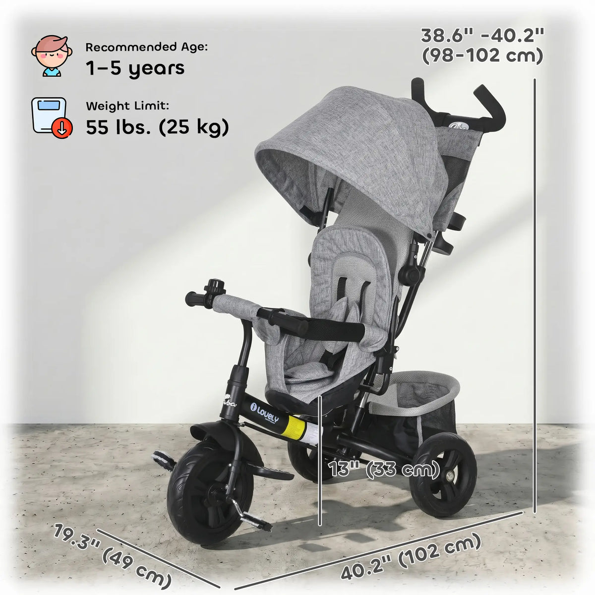 6 in 1 Tricycle for Toddlers, Parent-Push Handle, Grey Tricycles for Kids at Gallery Canada