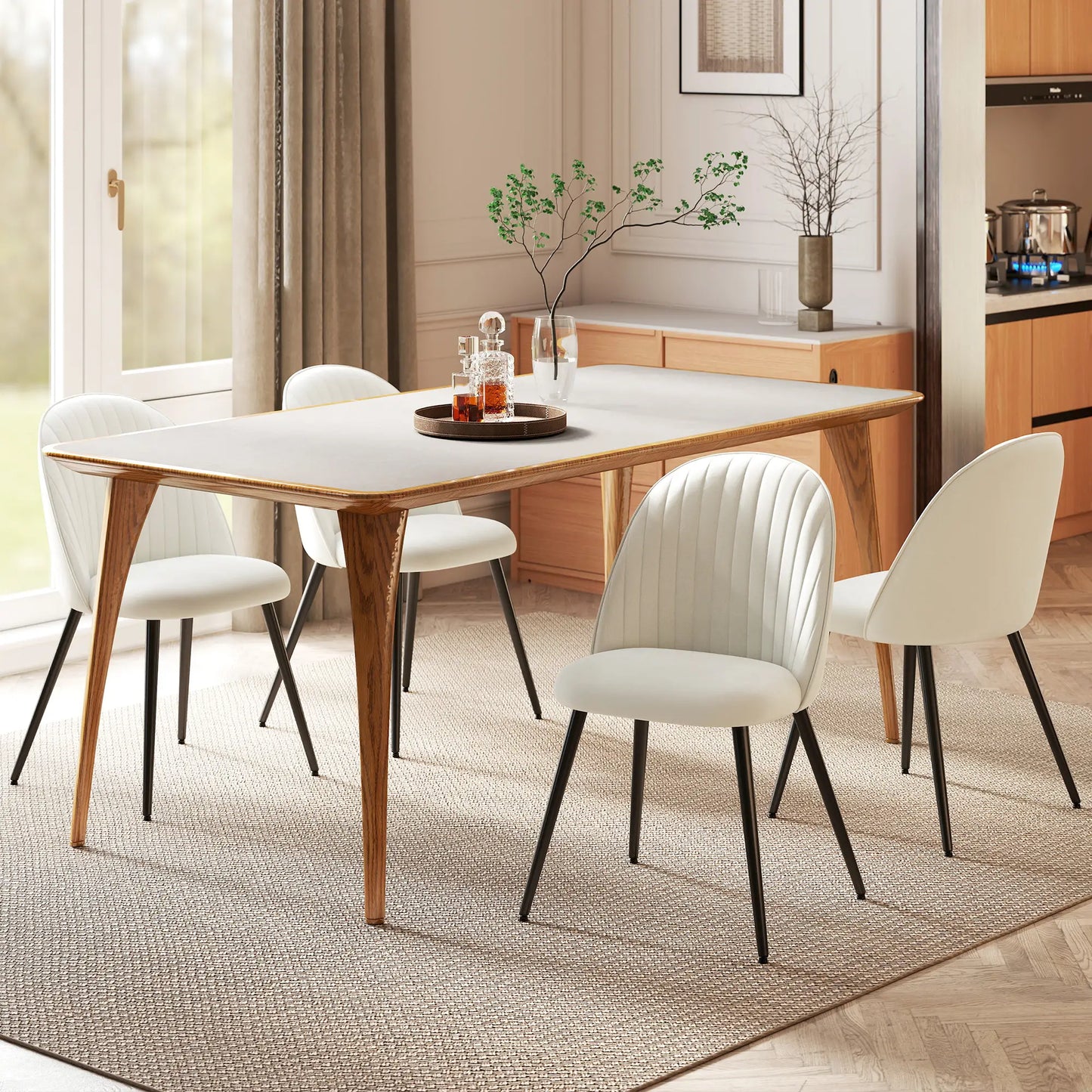 Set of 4 Modern Dining Chairs, Velvet Upholstered, Cream White, Cream White Bar Stools at Gallery Canada