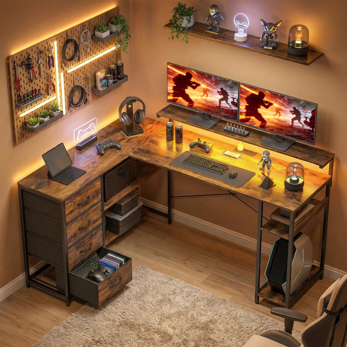 Gaming Desk With Power Outlets, LED Lights, Drawers, Monitor Stand, 61", Rustic Brown Gaming Desks at Gallery Canada