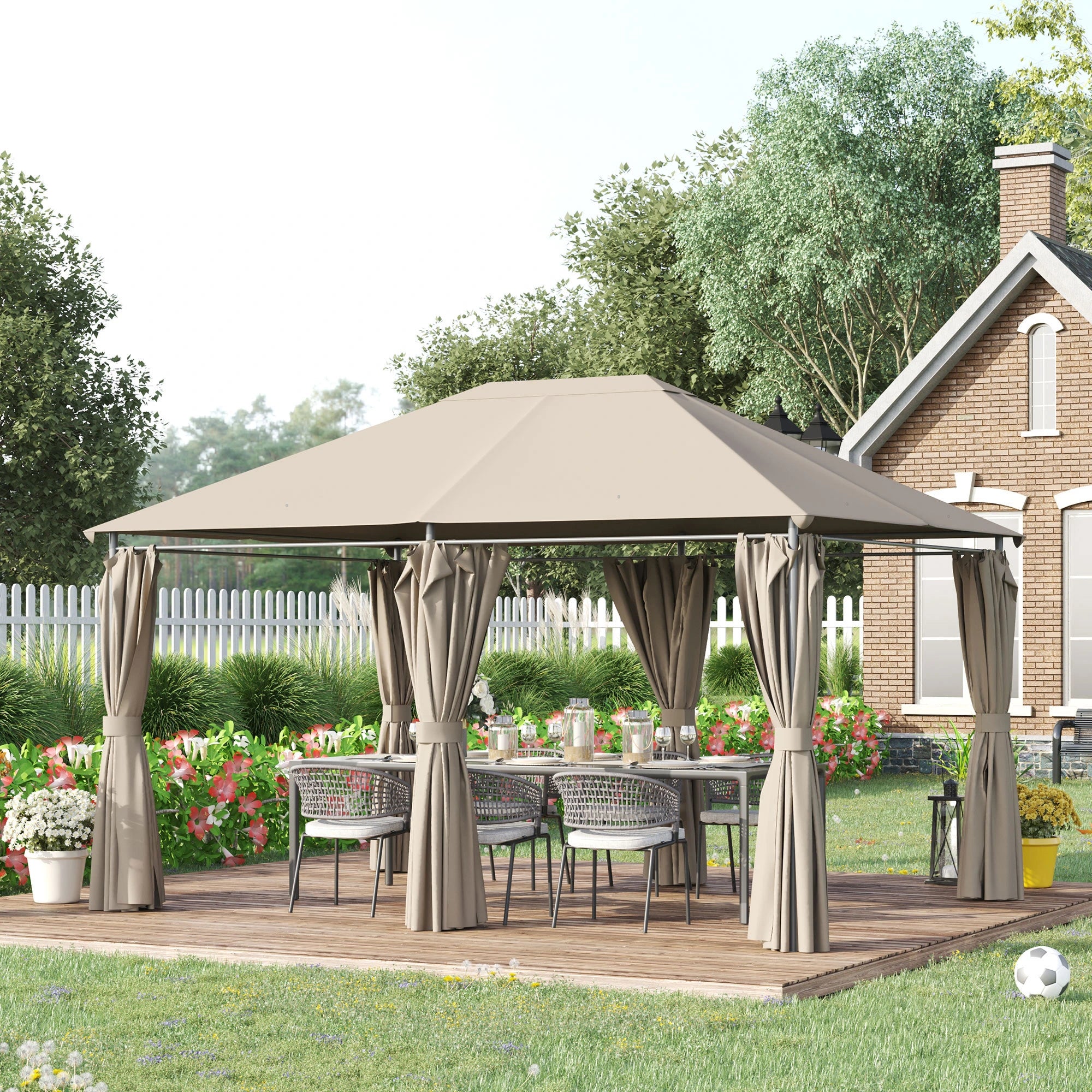 13'x10' Steel Patio Gazebo, Soft Top, 6 Removable Curtains, Khaki Gazebos at Gallery Canada