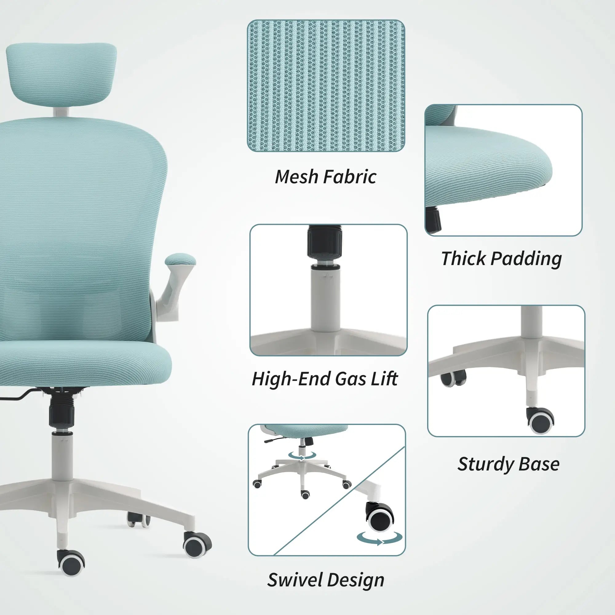 Mesh Office Chair, Adjustable Headrest, 4D Lumbar Support, Flip-Up Arm, Light Green Task Chairs at Gallery Canada