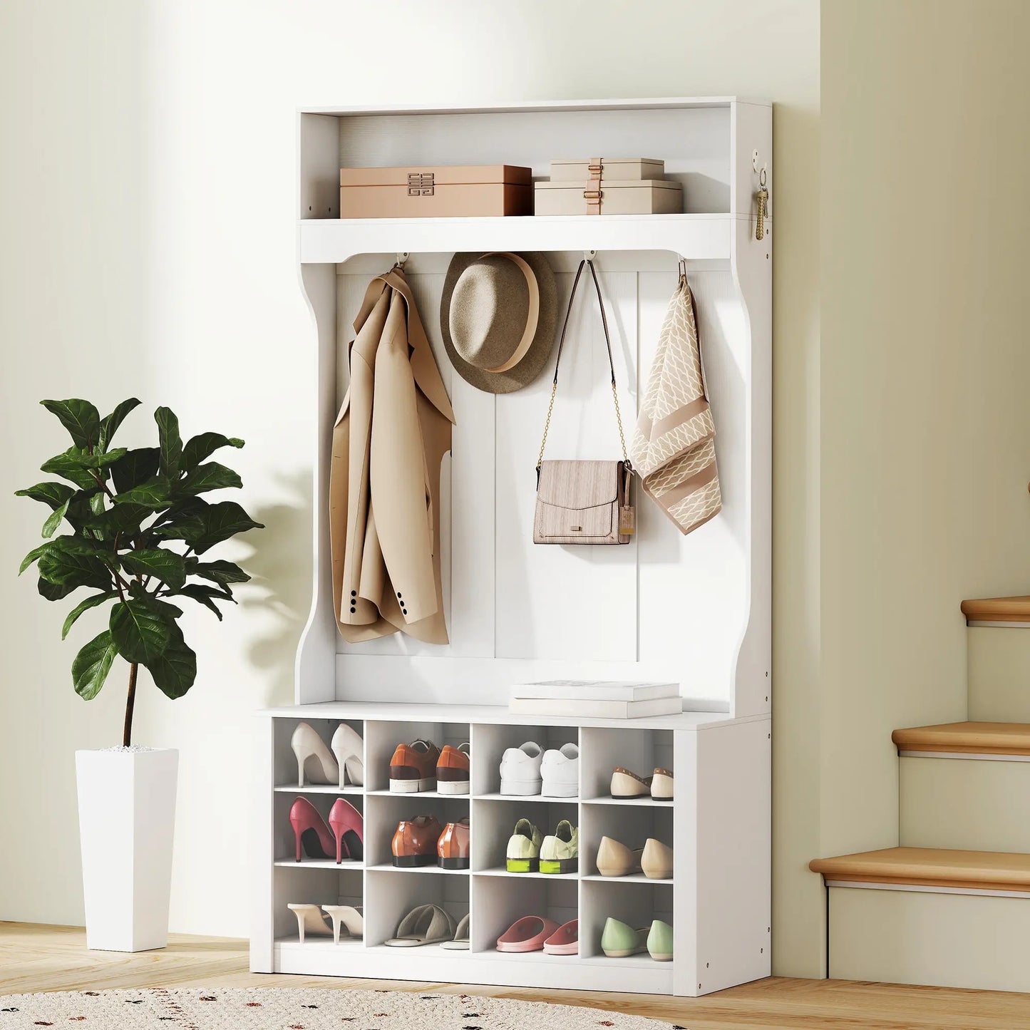 4-In-1 Hall Tree with Bench, Shoe Storage, 12 Cubbies, 6 Hooks, White Clothing Storage at Gallery Canada